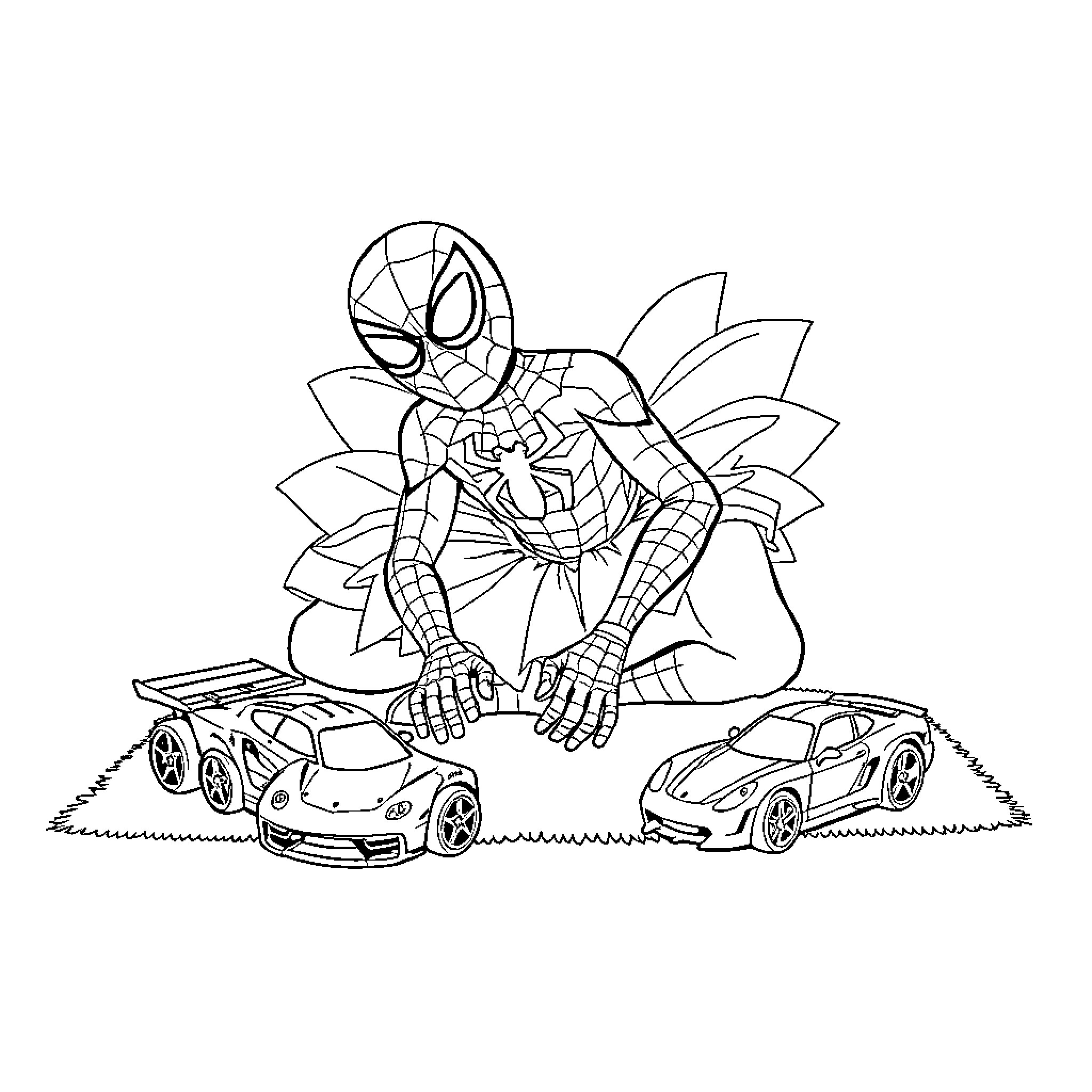Spiderman protecting toy cars in action Coloring Page (free black-and-white line drawing printable PDF for all, from beginners to advanced learners, including children, teens, adults, and seniors)