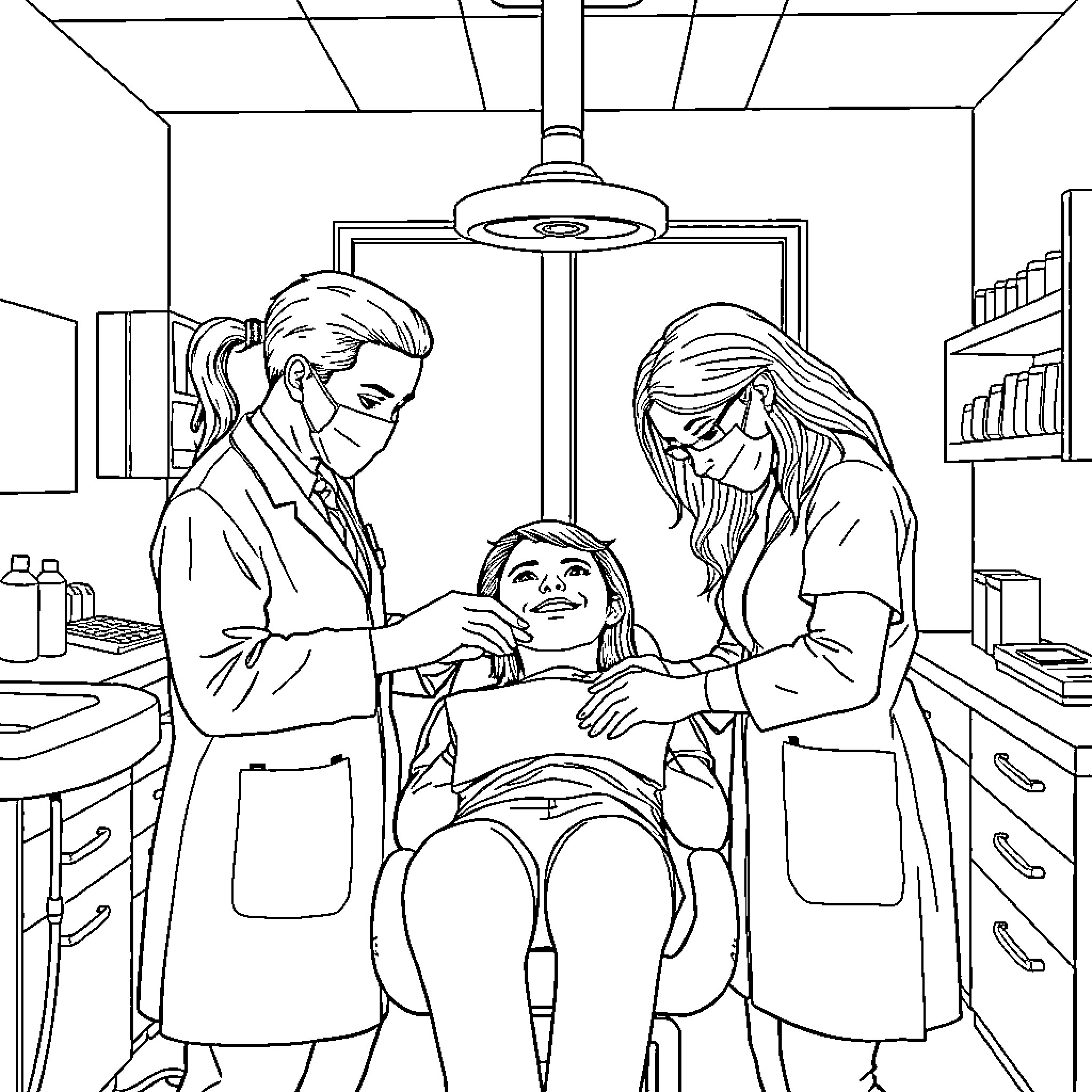 Dentist examining patient with nurse's assistance Coloring Page (free black-and-white line drawing printable PDF for all, from beginners to advanced learners, including children, teens, adults, and seniors)