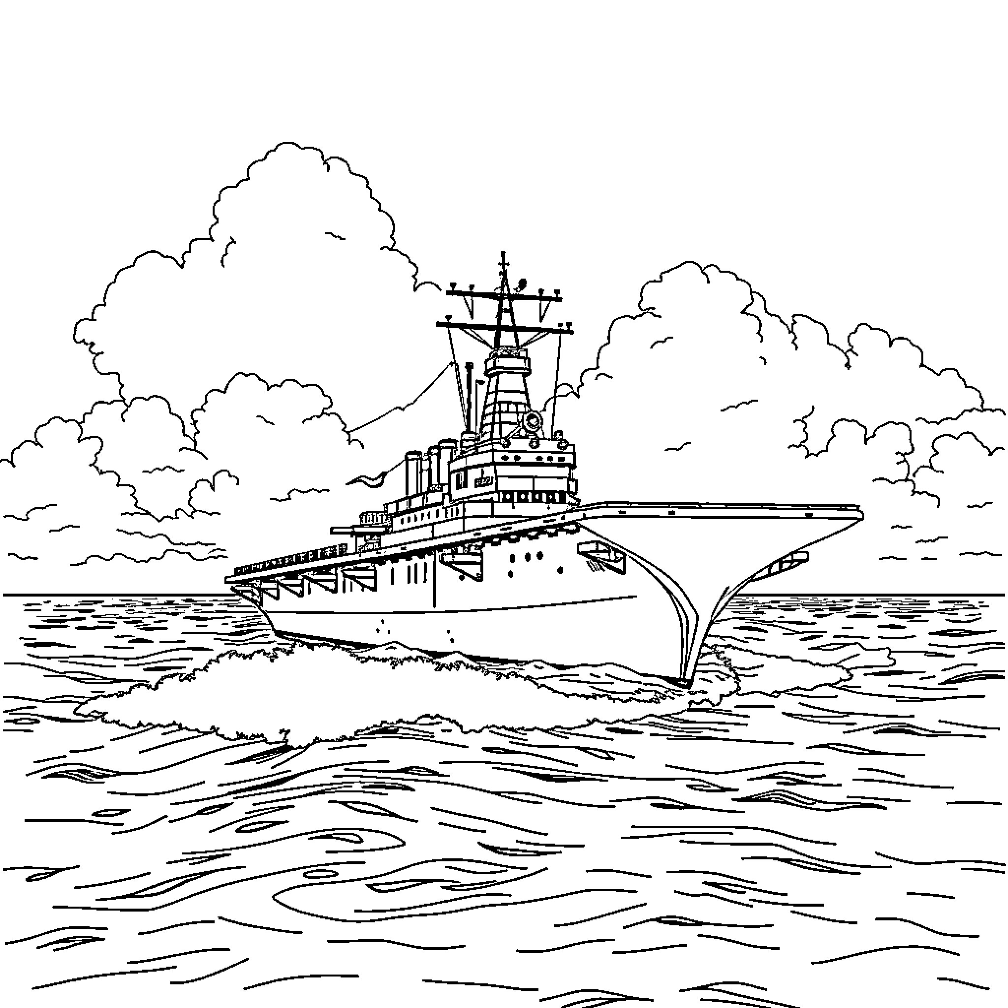 Aircraft Carrier Sailing Across the Waves Coloring Page (free black-and-white line drawing printable PDF for all, from beginners to advanced learners, including children, teens, adults, and seniors)