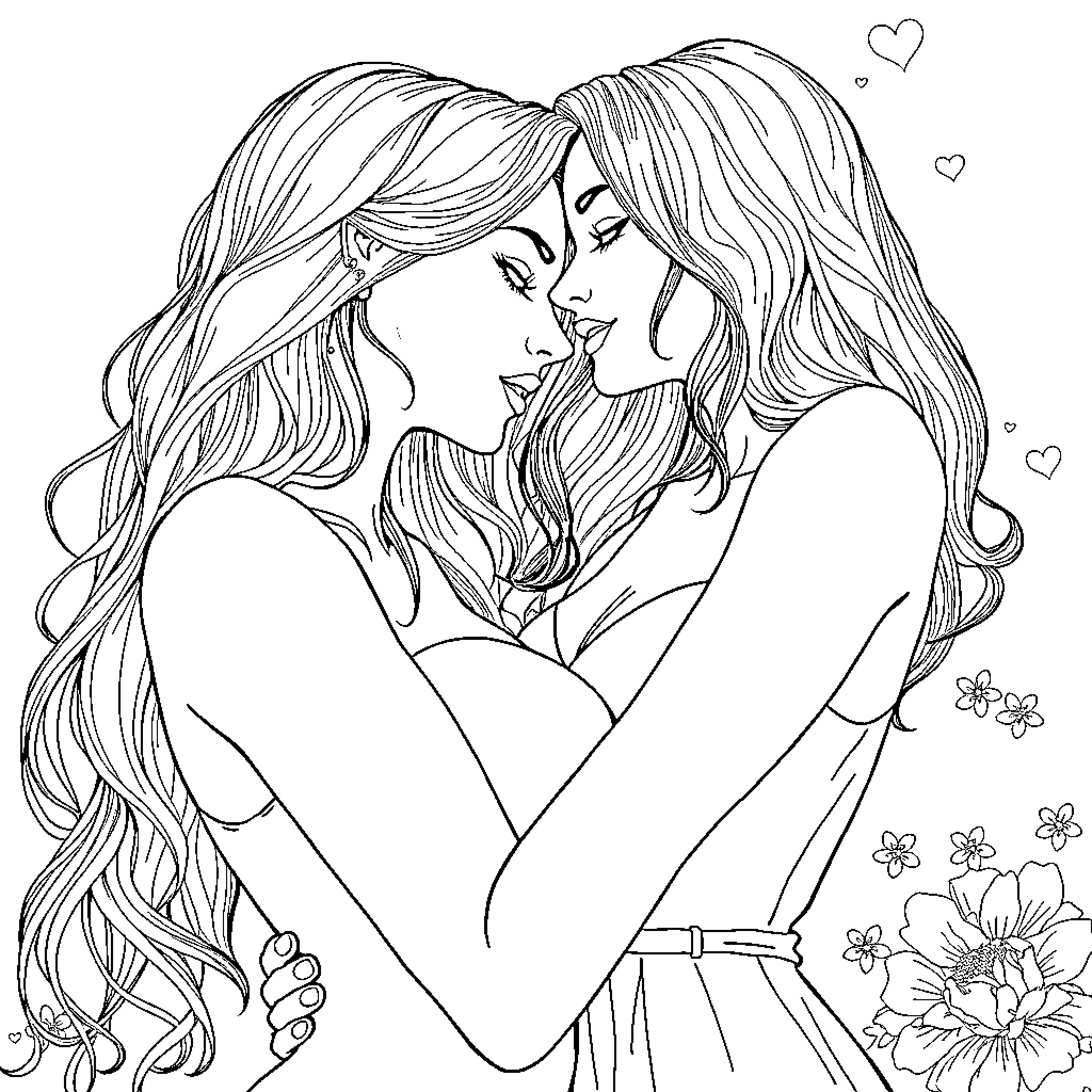 Lesbian Lovers' Tender Embrace Coloring Page (free black-and-white line drawing printable PDF for all, from beginners to advanced learners, including children, teens, adults, and seniors)