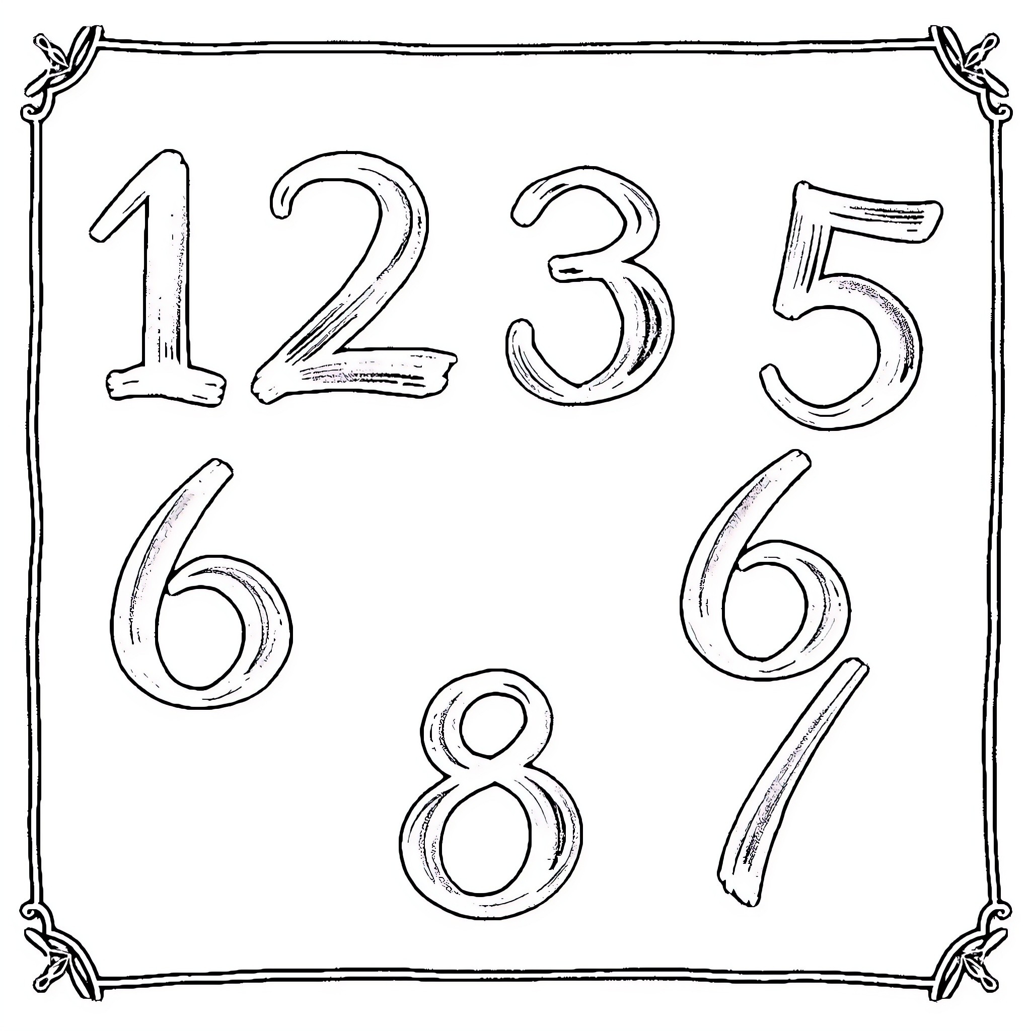 Number Digits in Decorative Frame Coloring Page (free black-and-white line drawing printable PDF for all, from beginners to advanced learners, including children, teens, adults, and seniors)