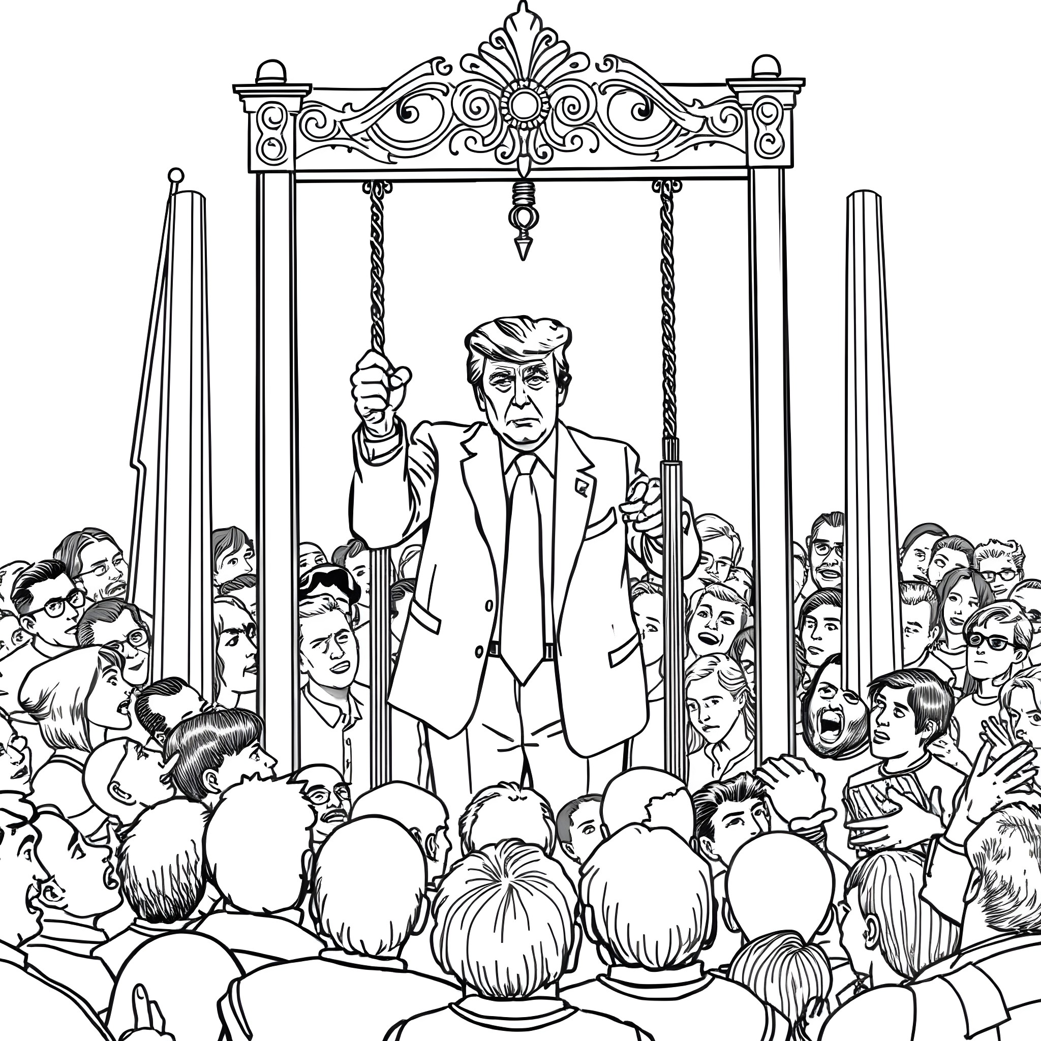 Donald Trump addressing a large crowd of supporters Coloring Page (free black-and-white line drawing printable PDF for all, from beginners to advanced learners, including children, teens, adults, and seniors)