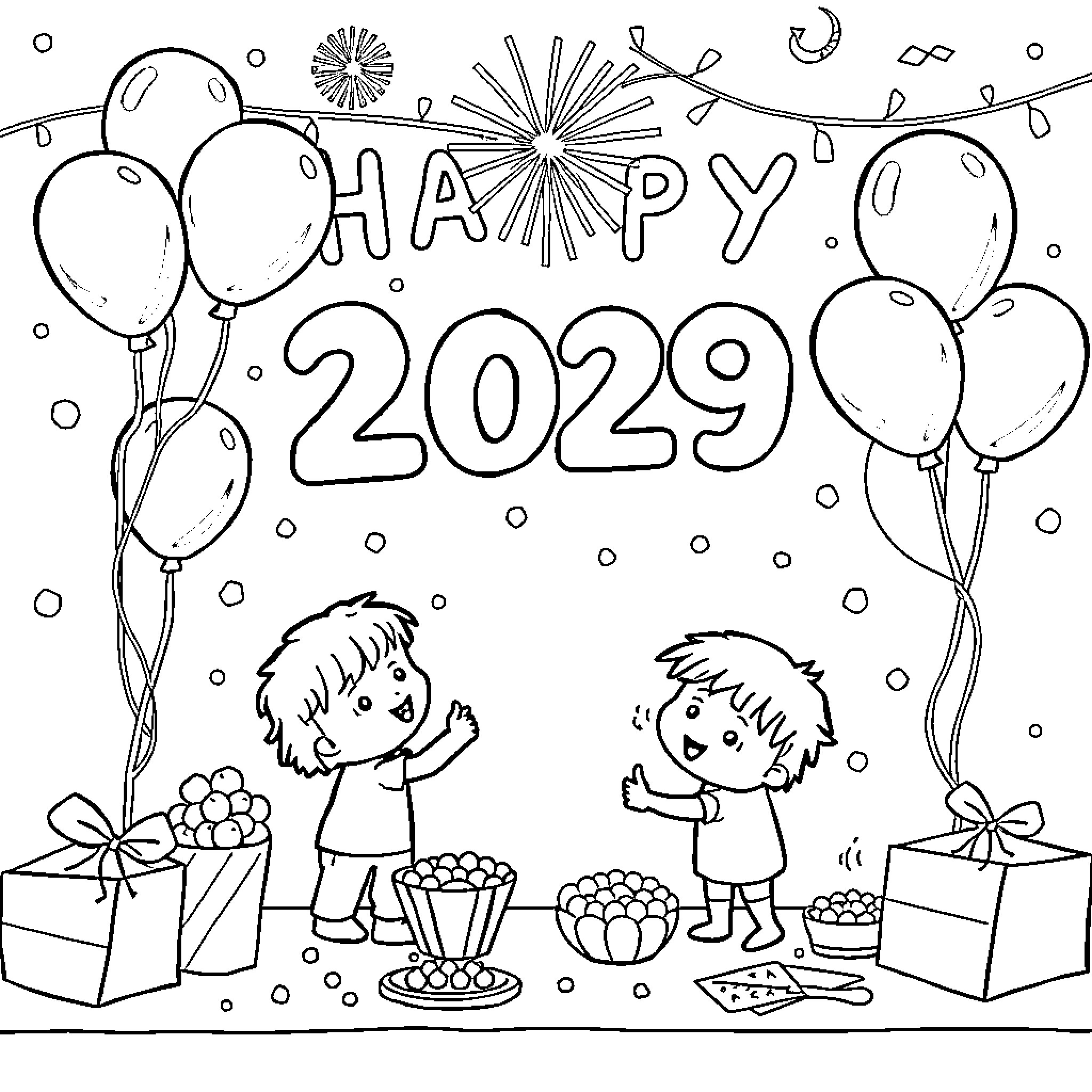 New Year Celebration with Balloons and Children Coloring Page (free black-and-white line drawing printable PDF for all, from beginners to advanced learners, including children, teens, adults, and seniors)