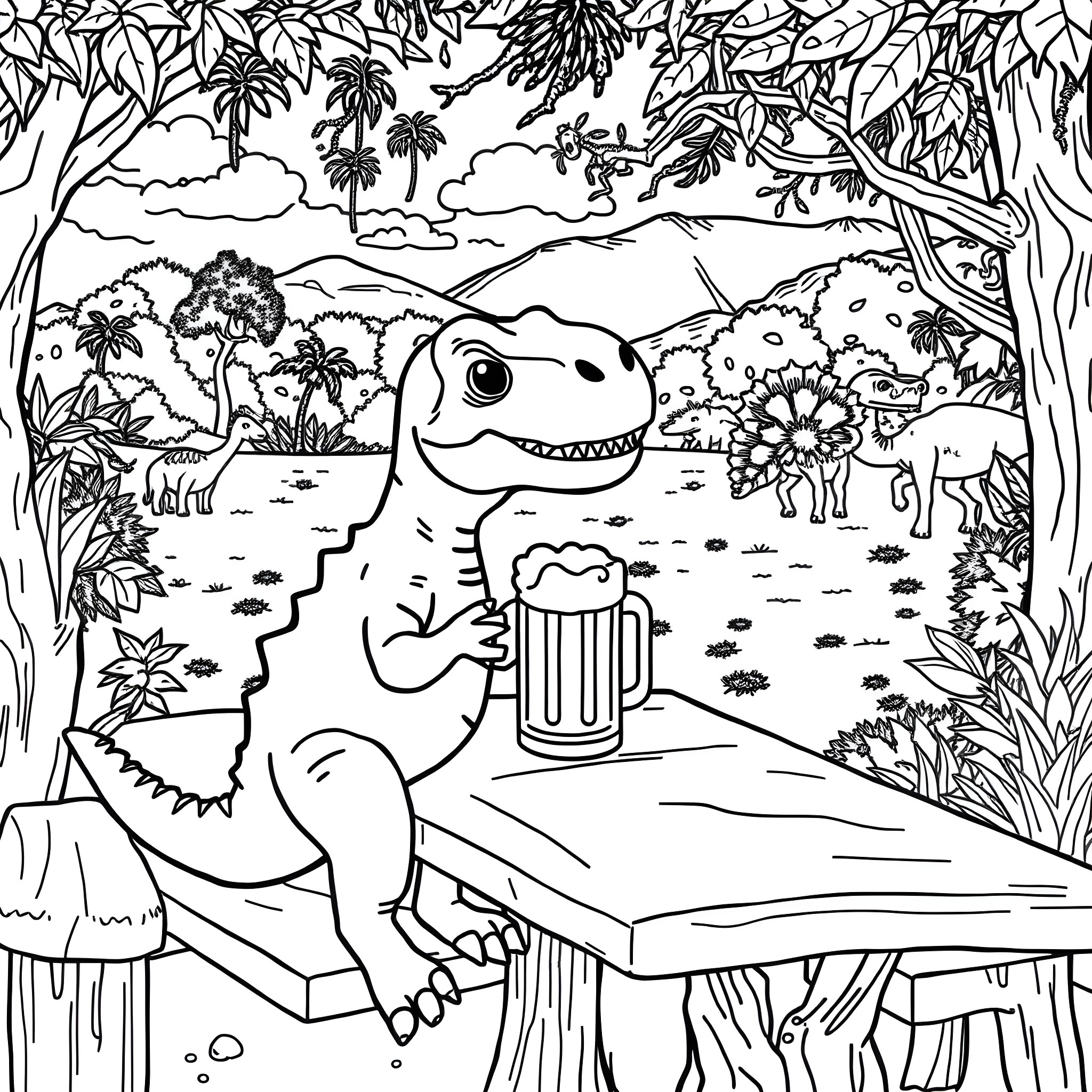Dinosaur enjoying a beer in the jungle Coloring Page (free black-and-white line drawing printable PDF for all, from beginners to advanced learners, including children, teens, adults, and seniors)