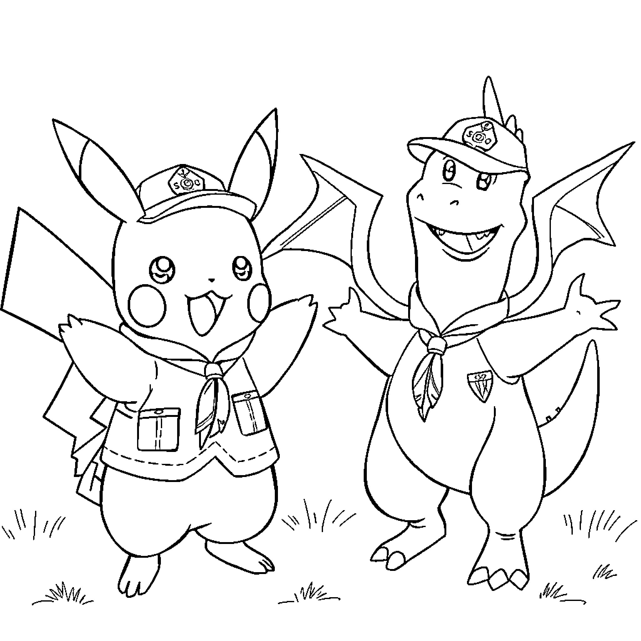 Pokémon characters in playful outfits Coloring Page (free black-and-white line drawing printable PDF for all, from beginners to advanced learners, including children, teens, adults, and seniors)