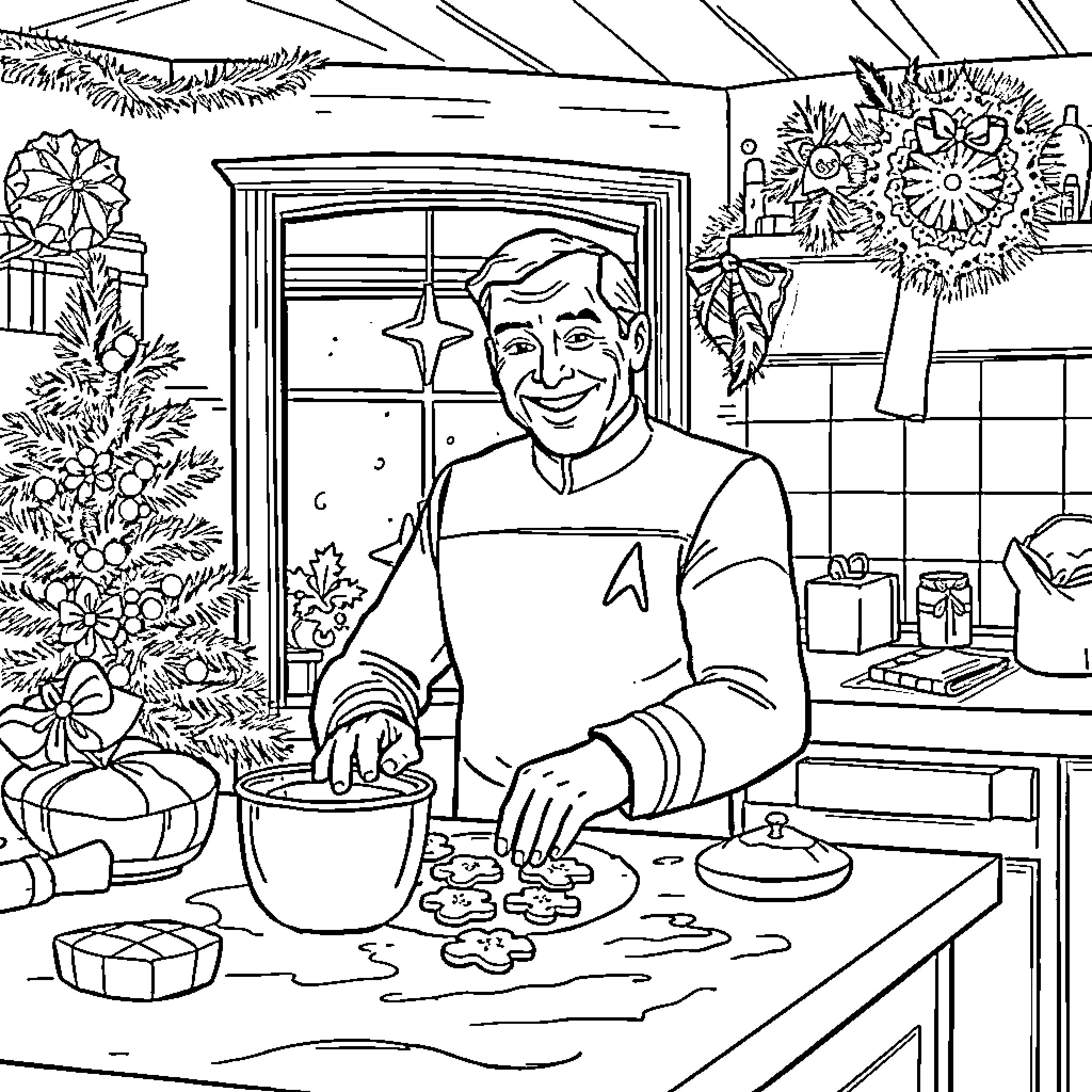 Captain Picard Baking Christmas Cookies in Cozy Kitchen Coloring Page (free black-and-white line drawing printable PDF for all, from beginners to advanced learners, including children, teens, adults, and seniors)