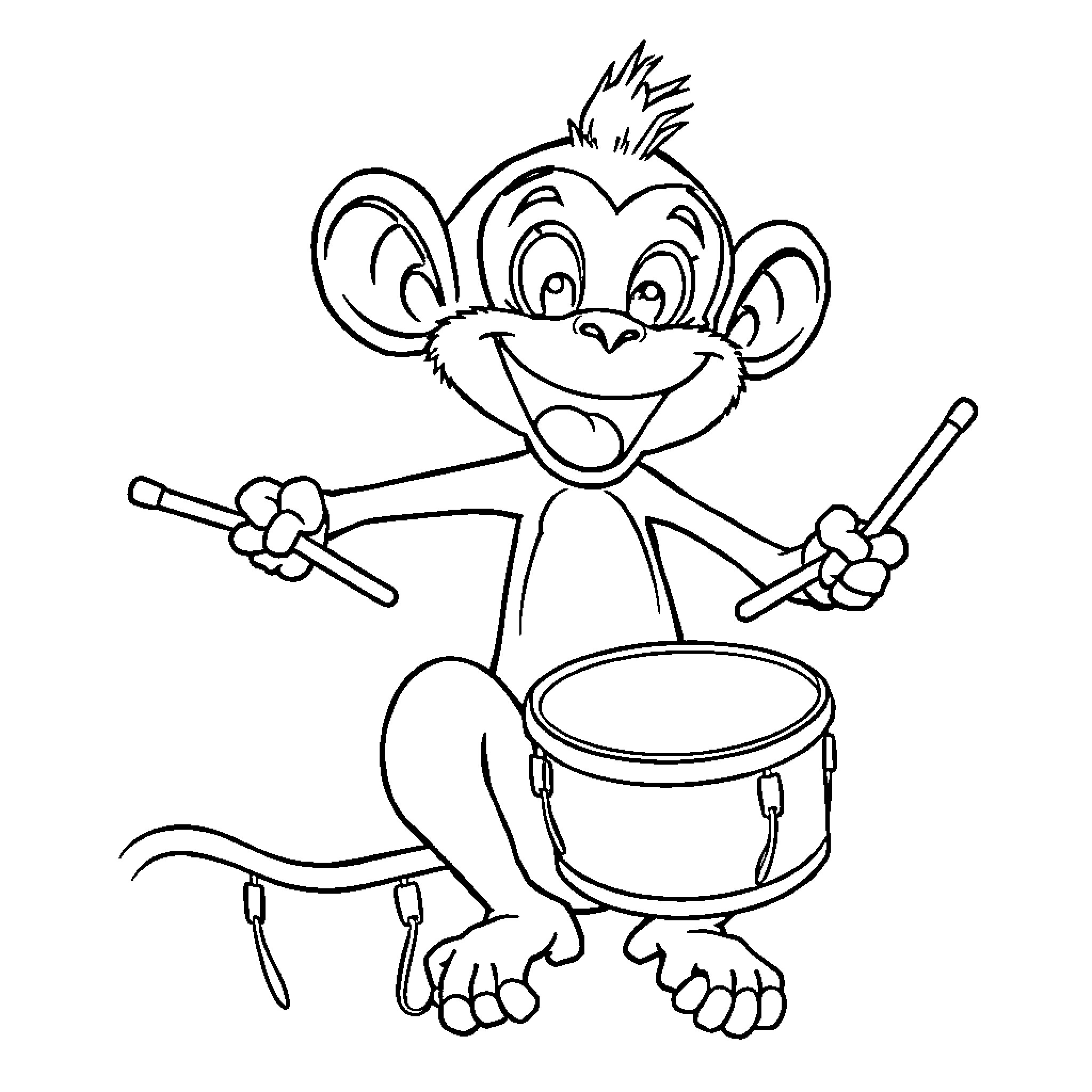 Monkey playing with drums happily Coloring Page (free black-and-white line drawing printable PDF for all, from beginners to advanced learners, including children, teens, adults, and seniors)