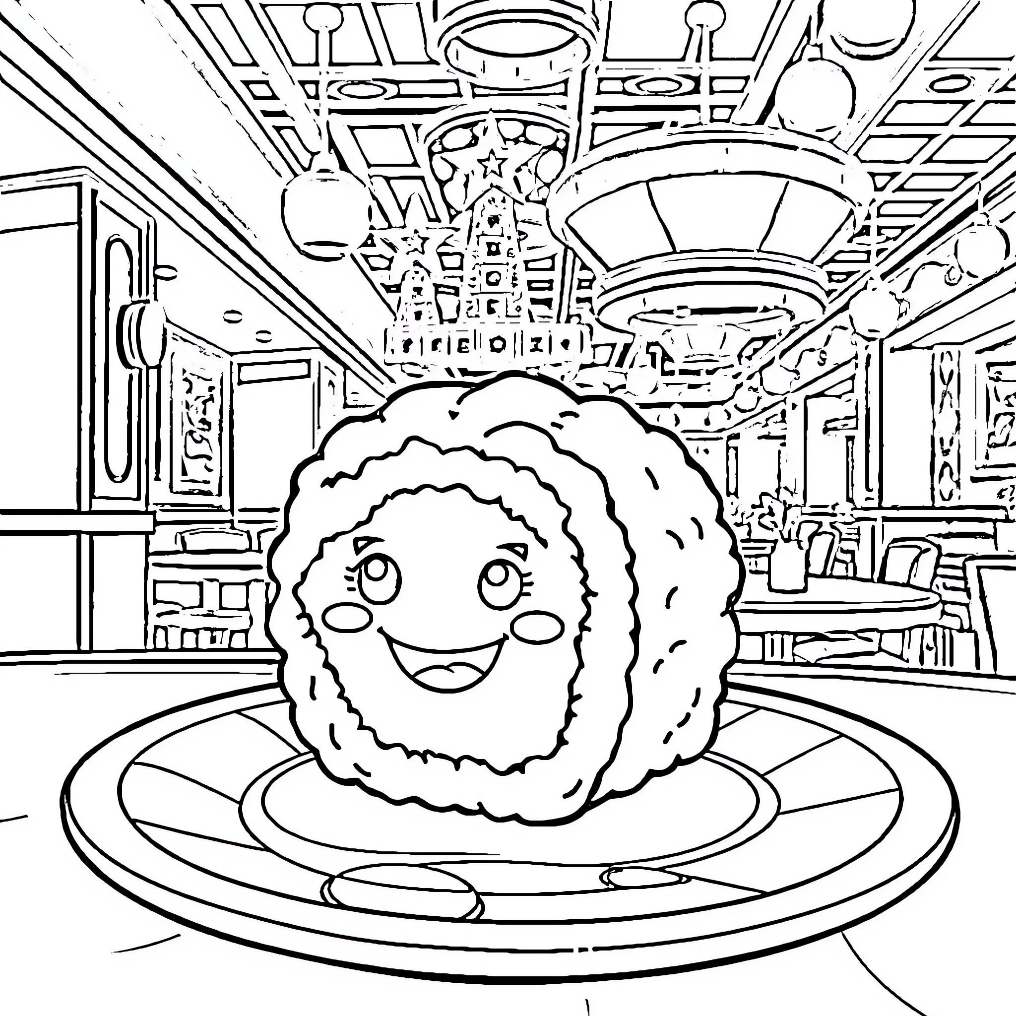 Sushi character in a whimsical dining setting Coloring Page (free black-and-white line drawing printable PDF for all, from beginners to advanced learners, including children, teens, adults, and seniors)