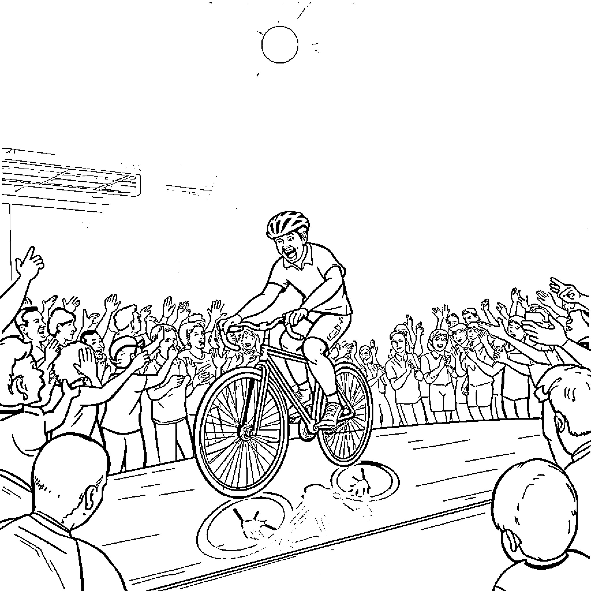 Jerry Tremblay racing through the cheering crowd Coloring Page (free black-and-white line drawing printable PDF for all, from beginners to advanced learners, including children, teens, adults, and seniors)