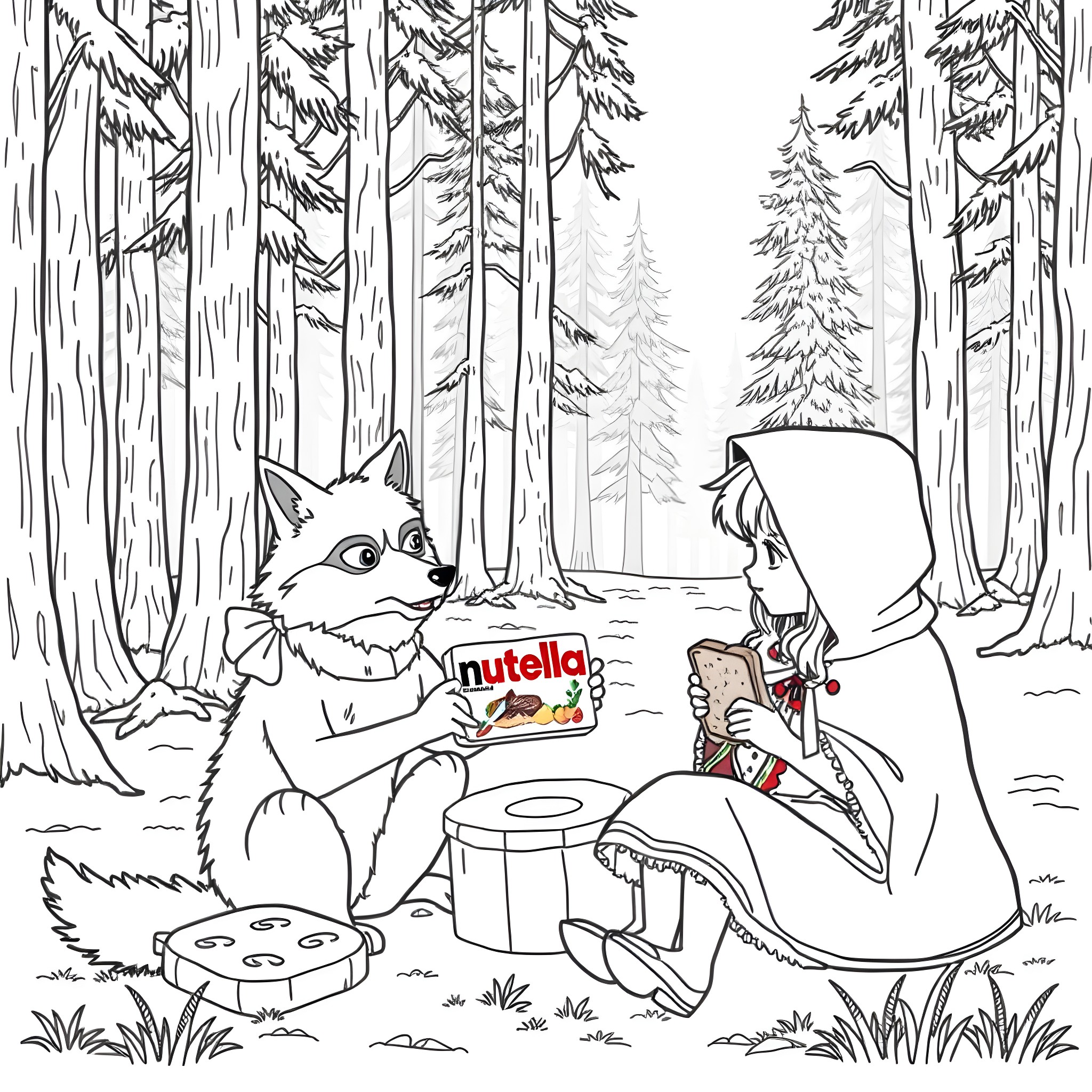 Little Red Riding Hood shares a Nutella snack with a cunning fox in the forest Coloring Page (free black-and-white line drawing printable PDF for all, from beginners to advanced learners, including children, teens, adults, and seniors)