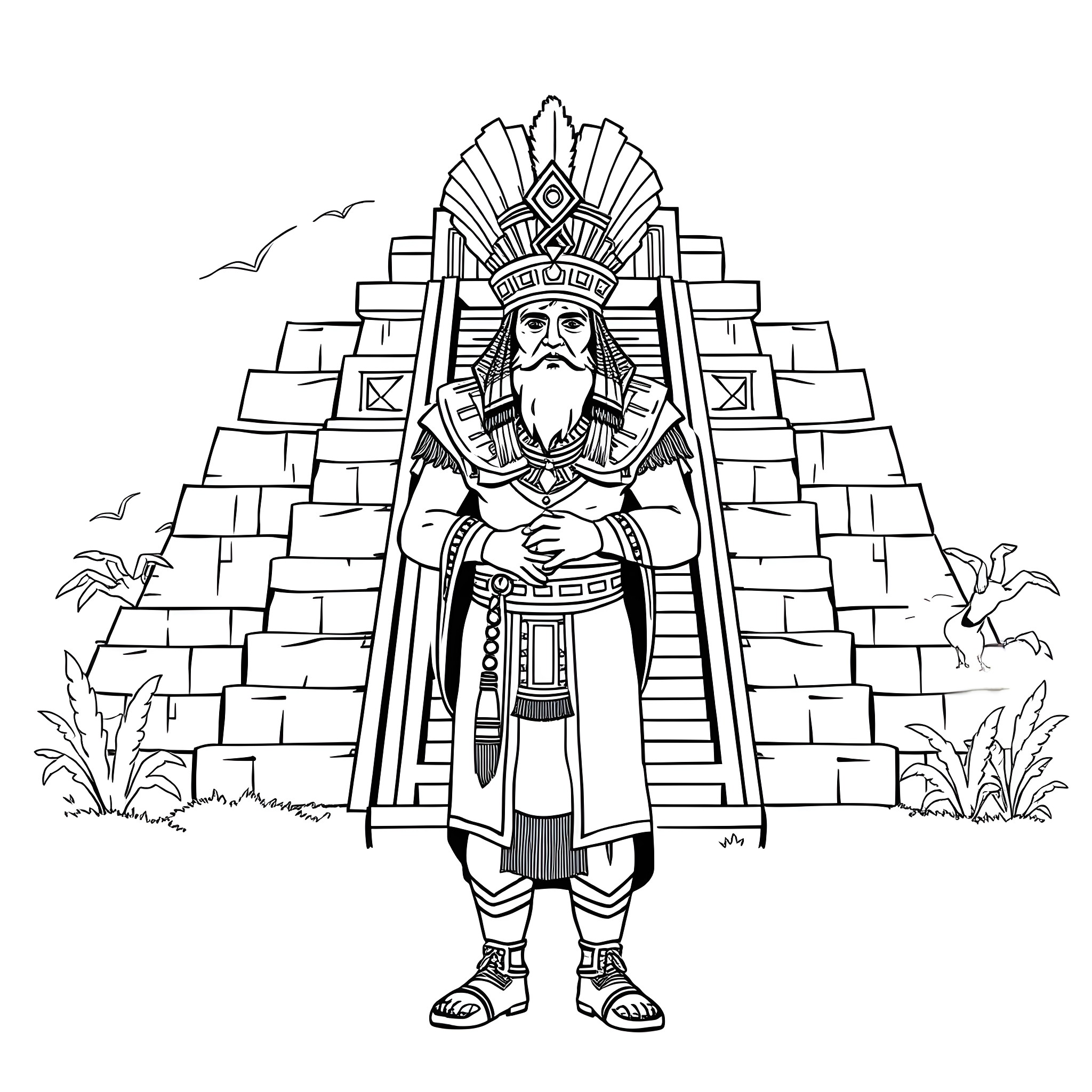 Aztec Priest Performing Ritual at Pyramids Coloring Page (free black-and-white line drawing printable PDF for all, from beginners to advanced learners, including children, teens, adults, and seniors)