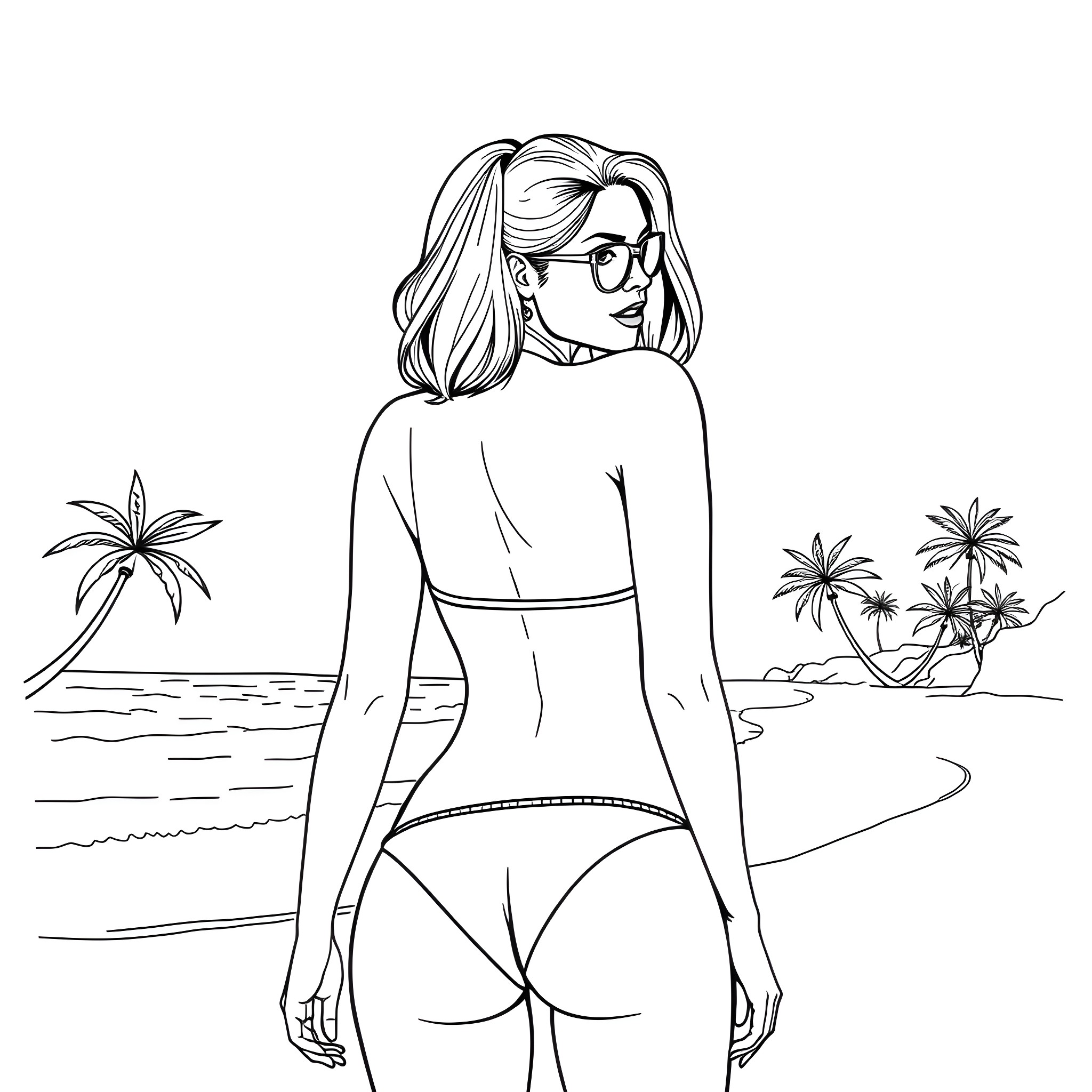 Woman enjoying the beach in a swimsuit Coloring Page (free black-and-white line drawing printable PDF for all, from beginners to advanced learners, including children, teens, adults, and seniors)