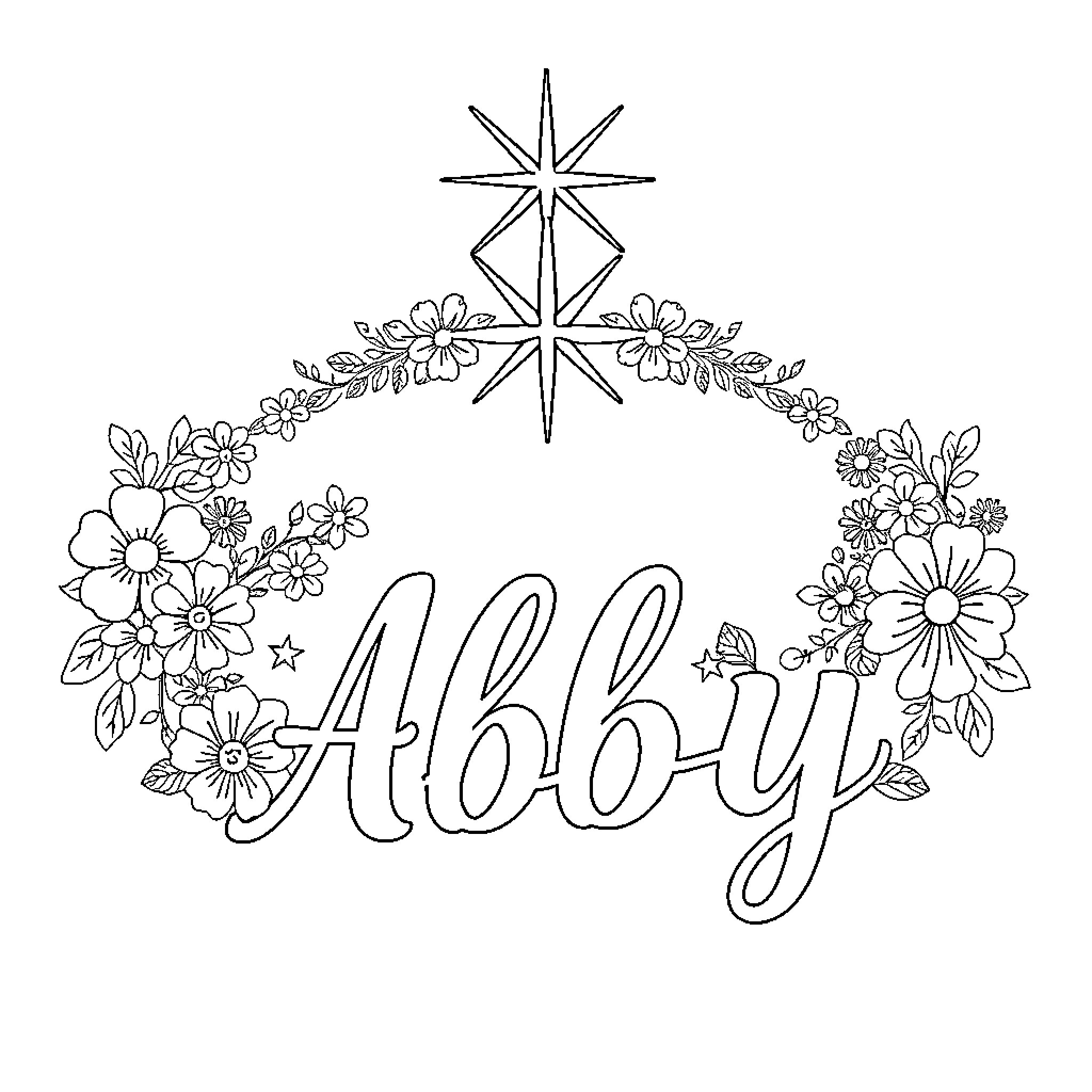 Judith's Floral Wreath and Starburst Coloring Page (free black-and-white line drawing printable PDF for all, from beginners to advanced learners, including children, teens, adults, and seniors)