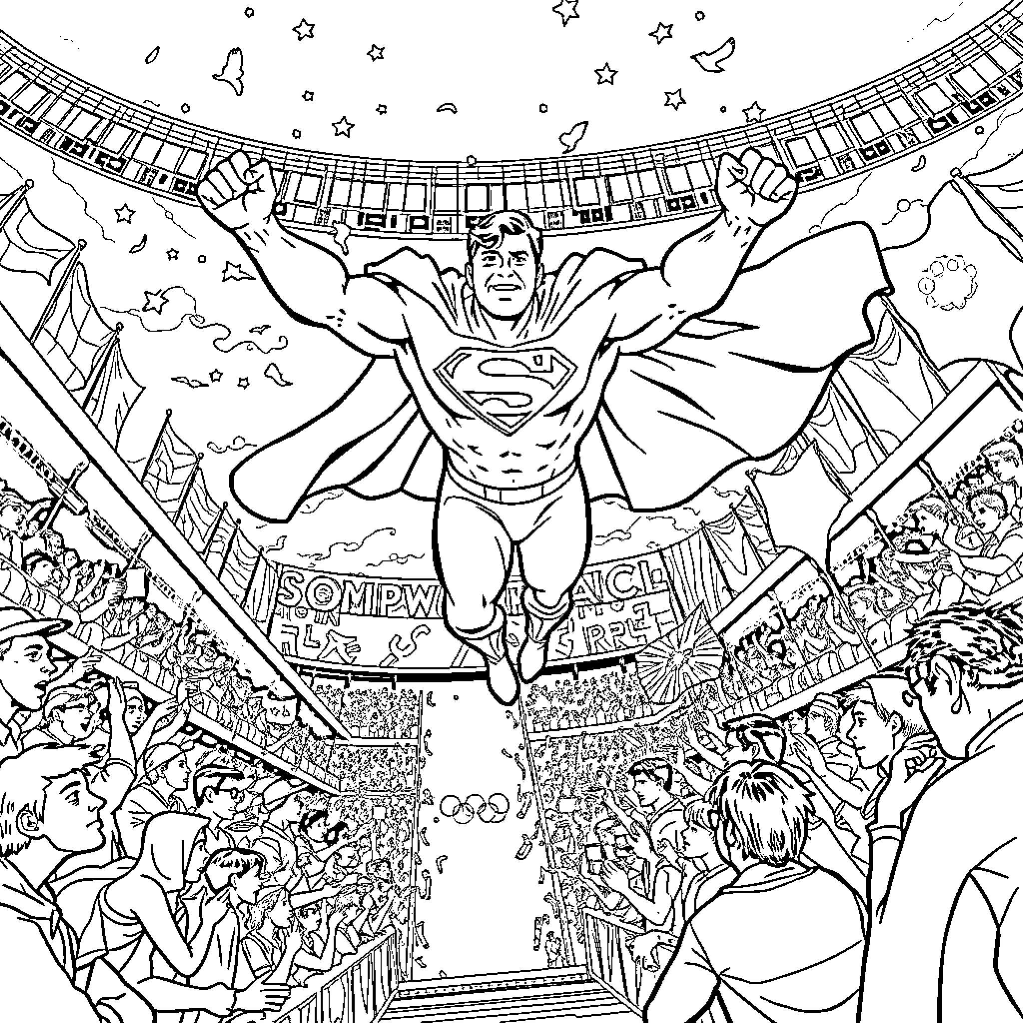 Superman Soaring Over Cheering Crowd in Colorful Arena Coloring Page (free black-and-white line drawing printable PDF for all, from beginners to advanced learners, including children, teens, adults, and seniors)