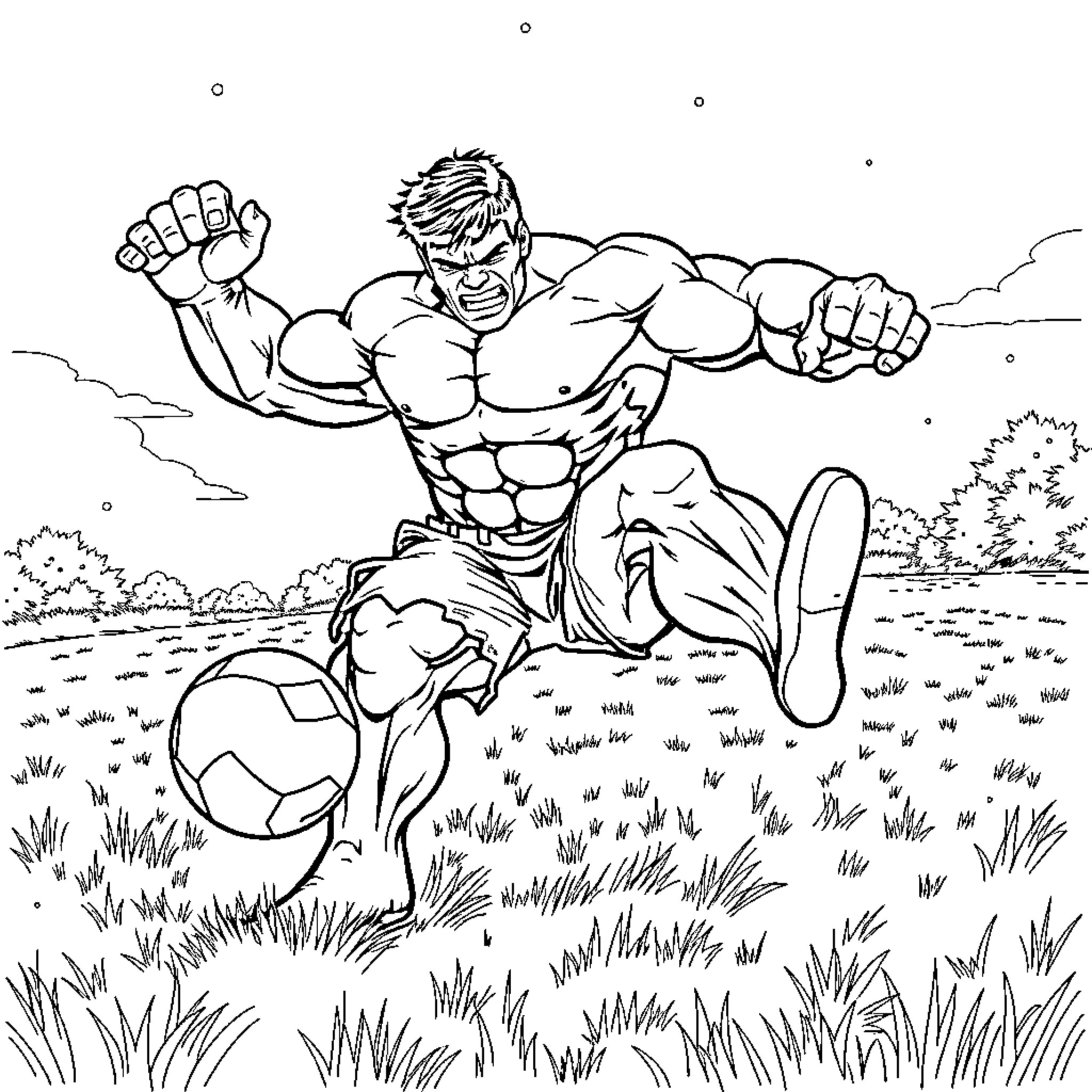 Hulk playing soccer in a grassy field Coloring Page (free black-and-white line drawing printable PDF for all, from beginners to advanced learners, including children, teens, adults, and seniors)