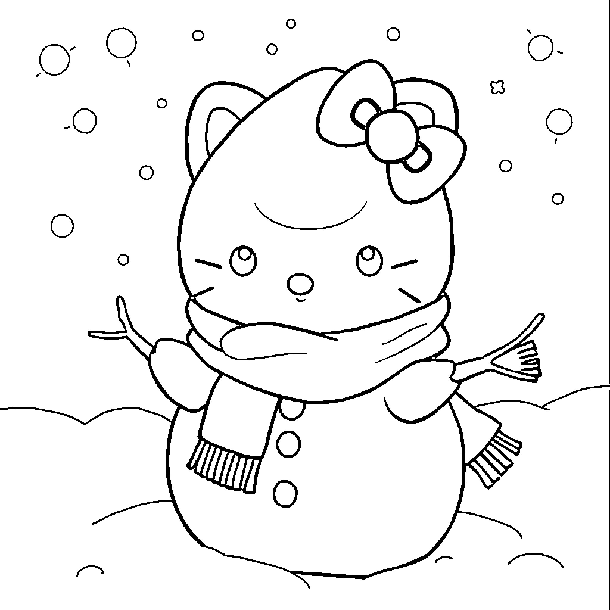 Cinnamoroll as a Snowman in Winter Wonderland Coloring Page (free black-and-white line drawing printable PDF for all, from beginners to advanced learners, including children, teens, adults, and seniors)