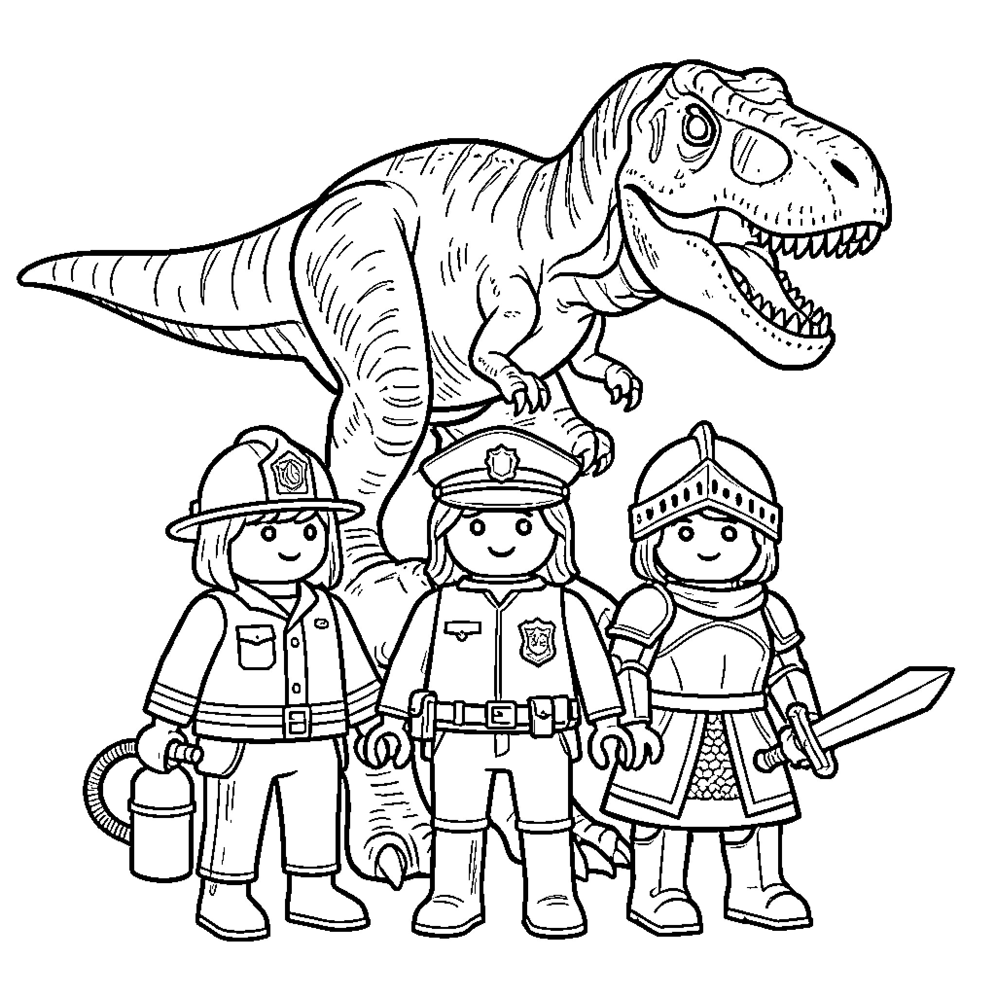 Playmobil figures standing with a large dinosaur Coloring Page (free black-and-white line drawing printable PDF for all, from beginners to advanced learners, including children, teens, adults, and seniors)