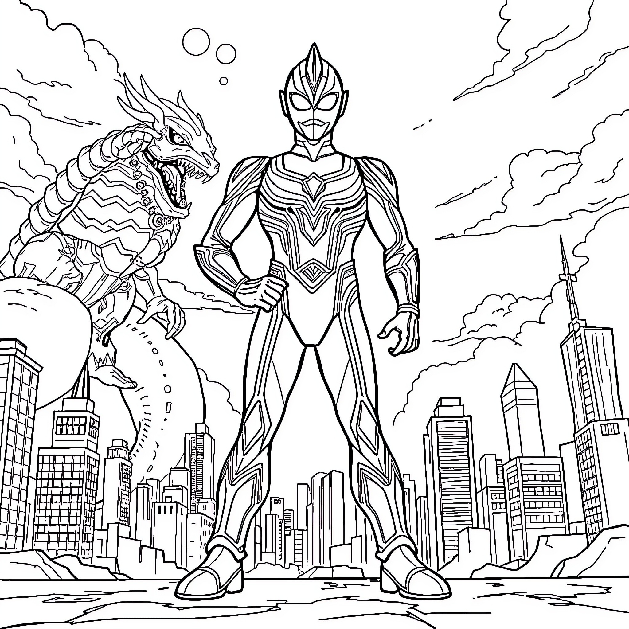 Ultraman heroically facing a monstrous foe in the city Coloring Page (free black-and-white line drawing printable PDF for all, from beginners to advanced learners, including children, teens, adults, and seniors)
