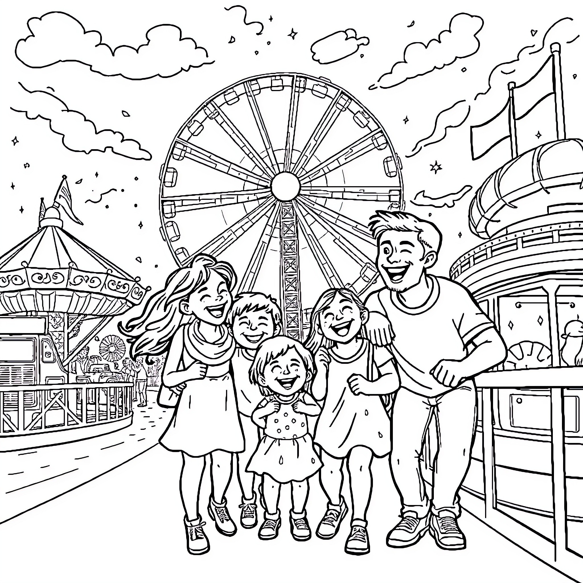 Family Fun Day at the Amusement Park Coloring Page (free black-and-white line drawing printable PDF for all, from beginners to advanced learners, including children, teens, adults, and seniors)