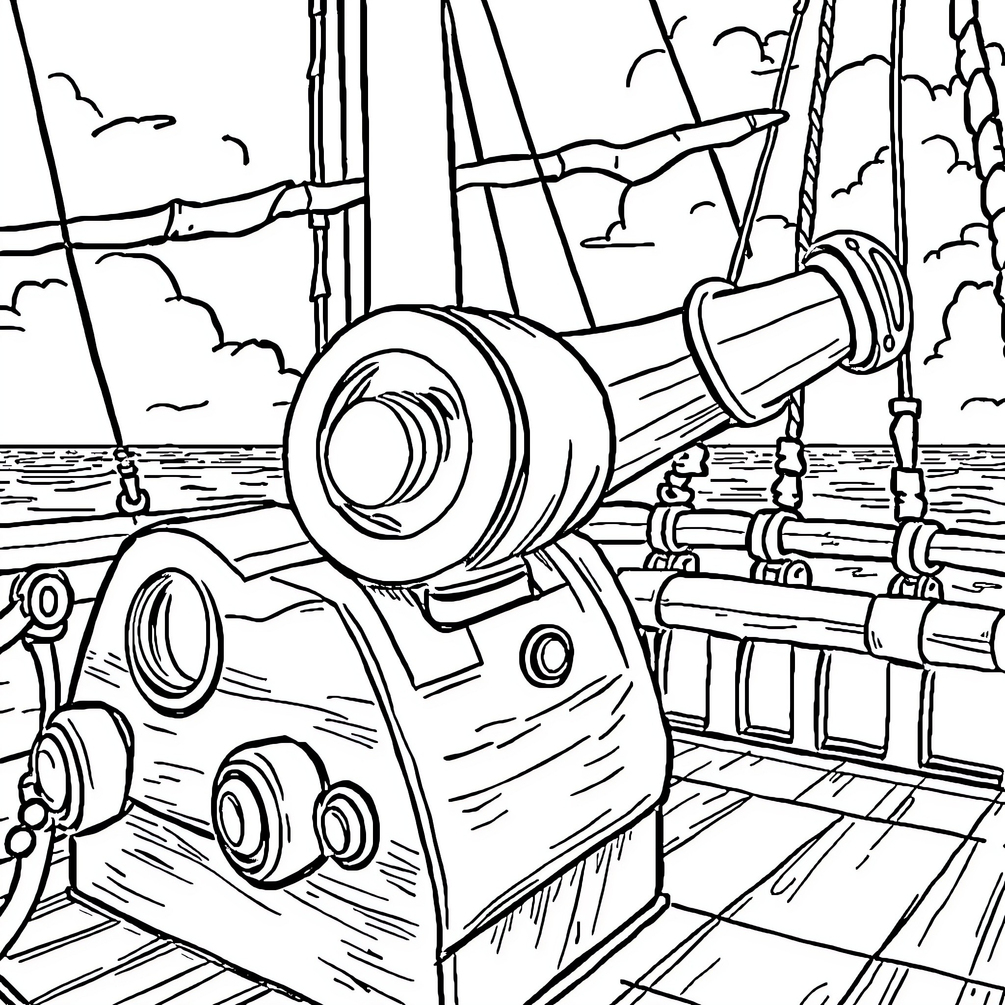 Kaptein Sabeltann's Ship with Cannons and Sails Coloring Page (free black-and-white line drawing printable PDF for all, from beginners to advanced learners, including children, teens, adults, and seniors)