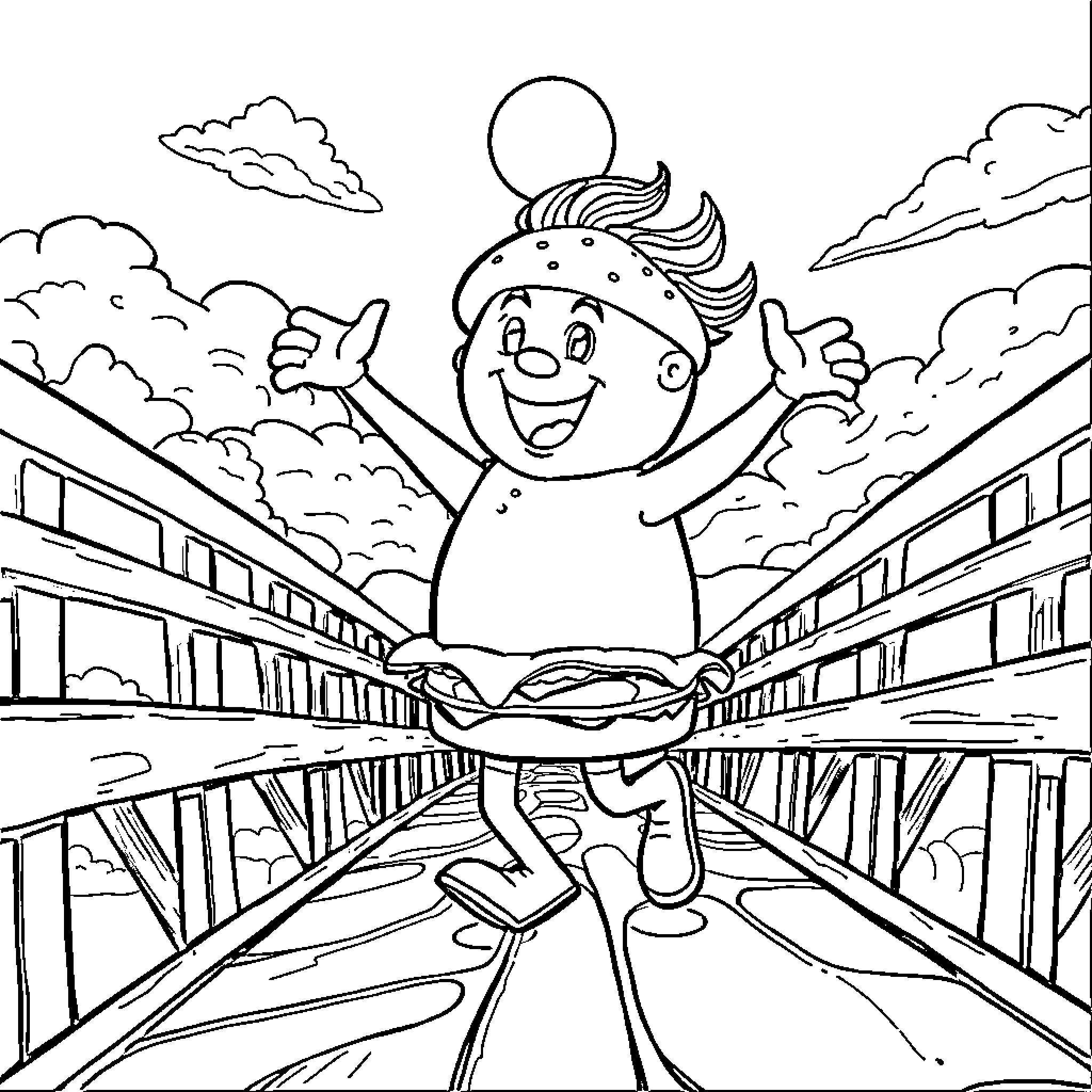 George's Exciting Adventure on the Train Coloring Page (free black-and-white line drawing printable PDF for all, from beginners to advanced learners, including children, teens, adults, and seniors)
