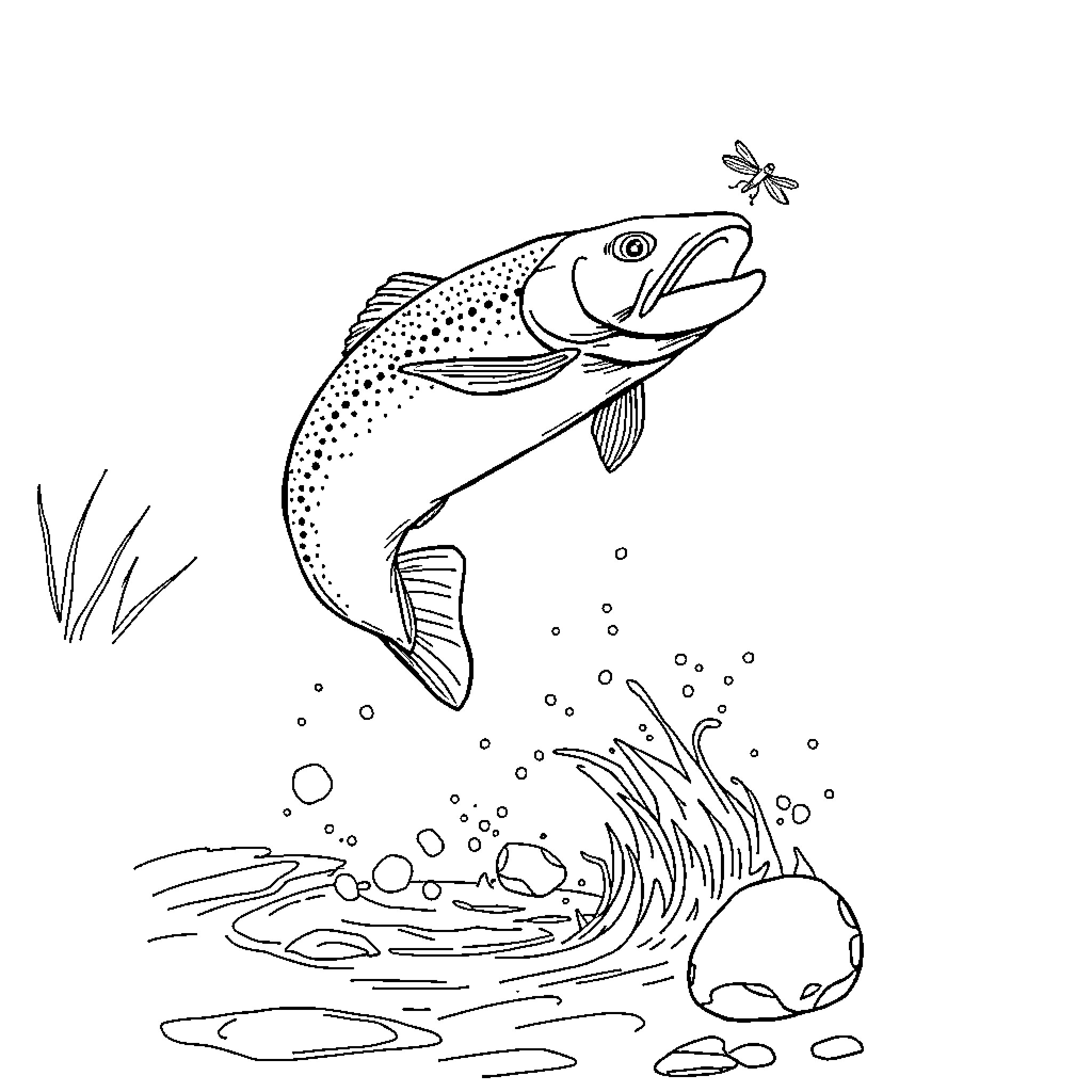 Trout leaping out of water with dragonfly Coloring Page (free black-and-white line drawing printable PDF for all, from beginners to advanced learners, including children, teens, adults, and seniors)