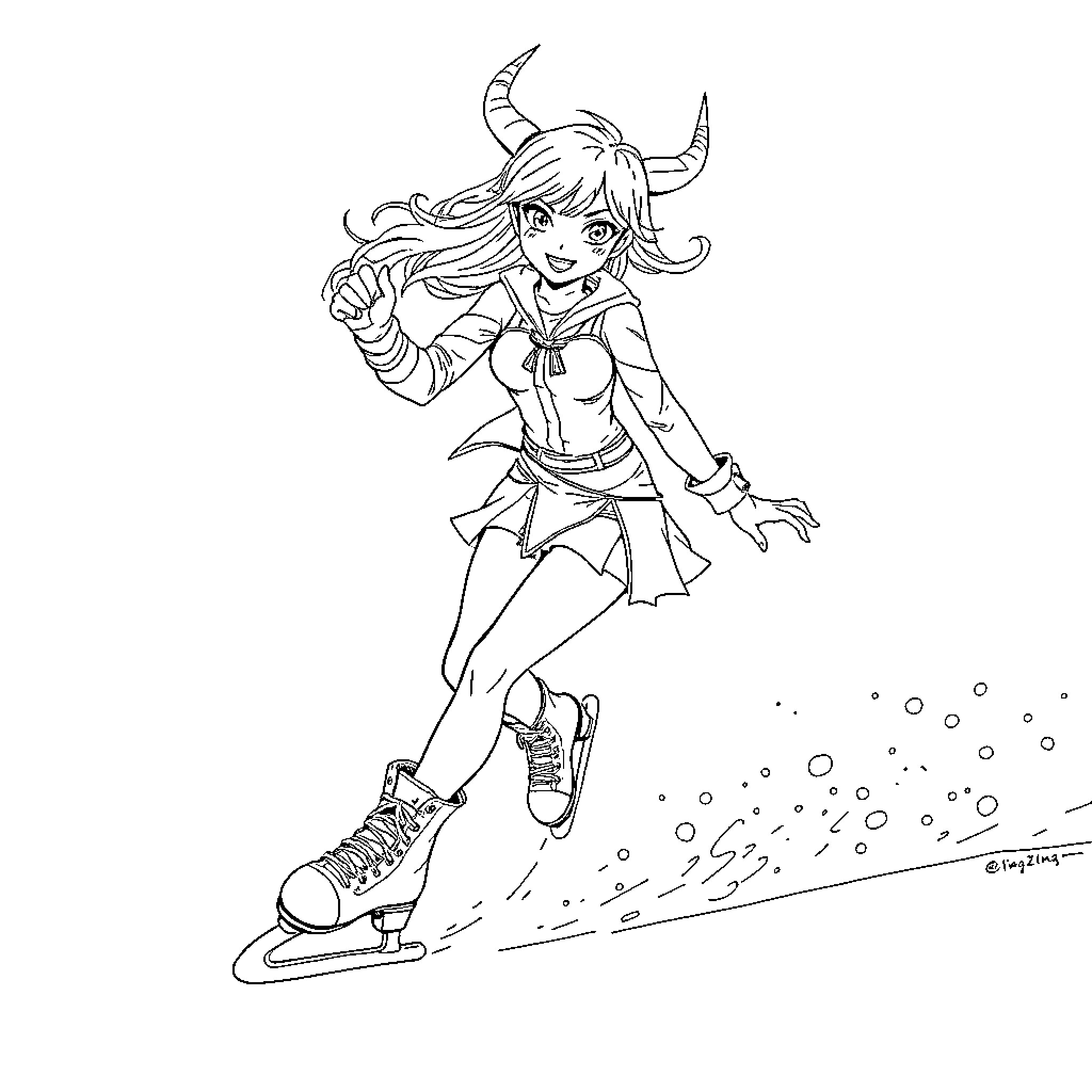 Zoey's Icy Adventure on Skates Coloring Page (free black-and-white line drawing printable PDF for all, from beginners to advanced learners, including children, teens, adults, and seniors)