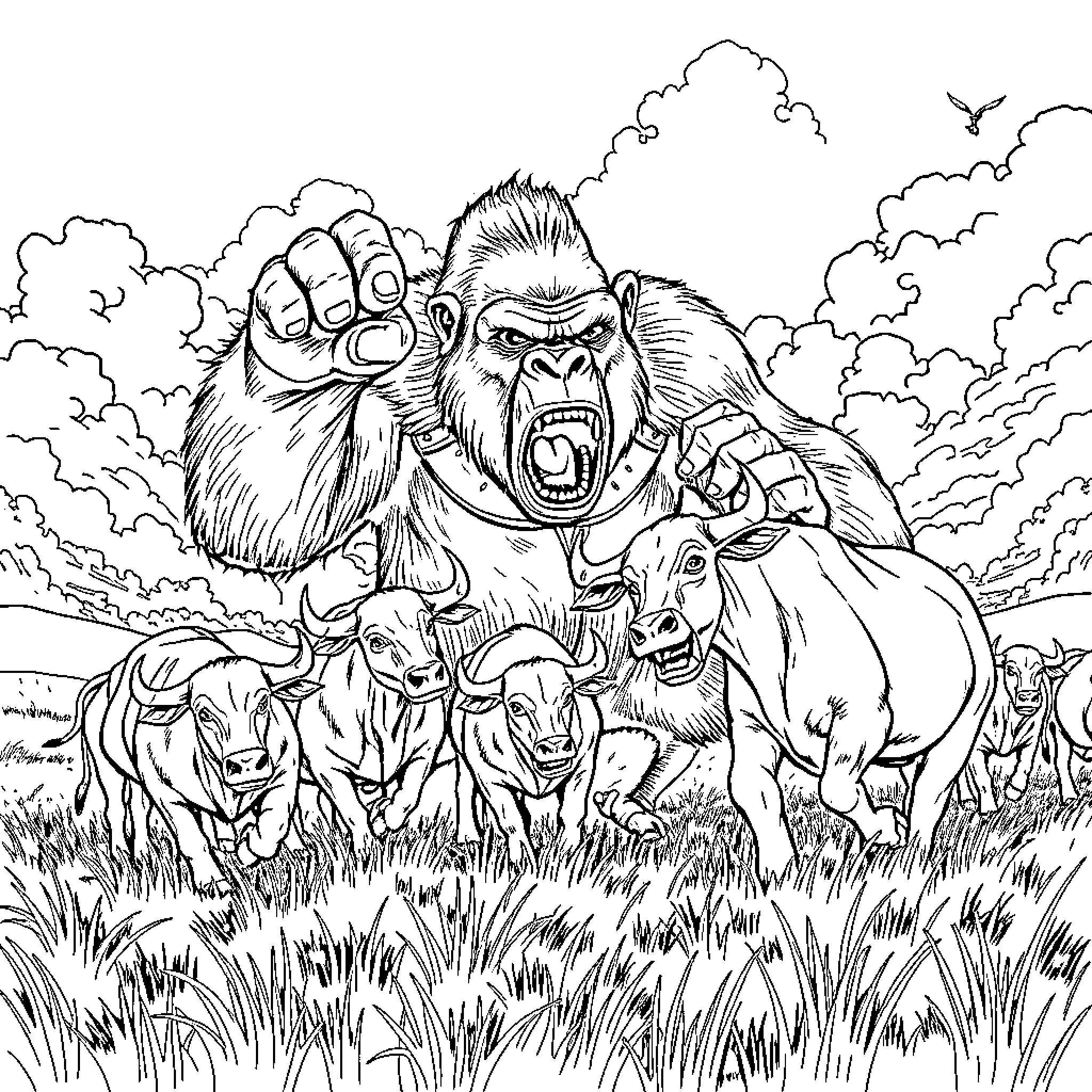 King Kong Roars and Charges at Herd of Wild Beasts Coloring Page (free black-and-white line drawing printable PDF for all, from beginners to advanced learners, including children, teens, adults, and seniors)
