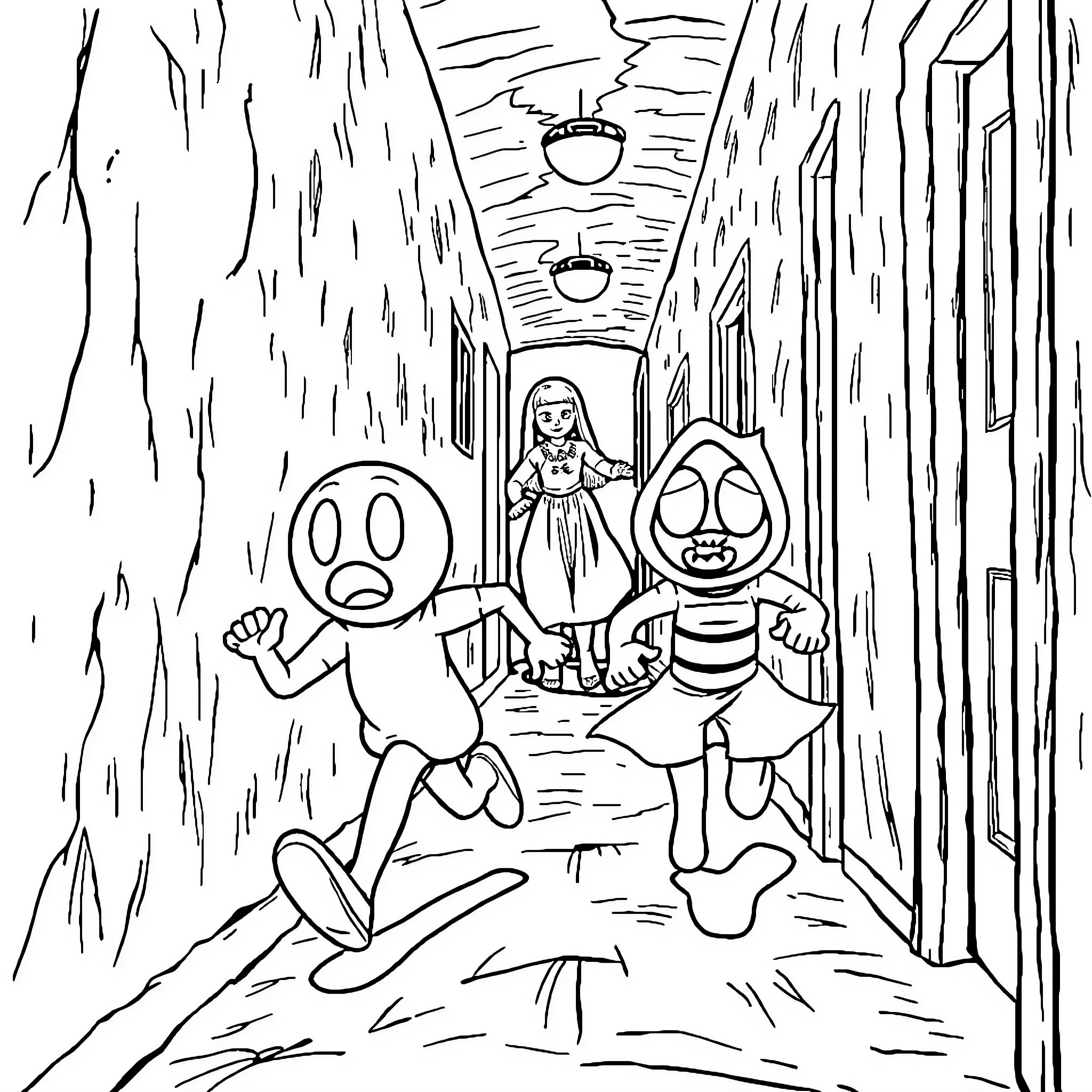 Mono Figures Fleeing in Distress Coloring Page (free black-and-white line drawing printable PDF for all, from beginners to advanced learners, including children, teens, adults, and seniors)