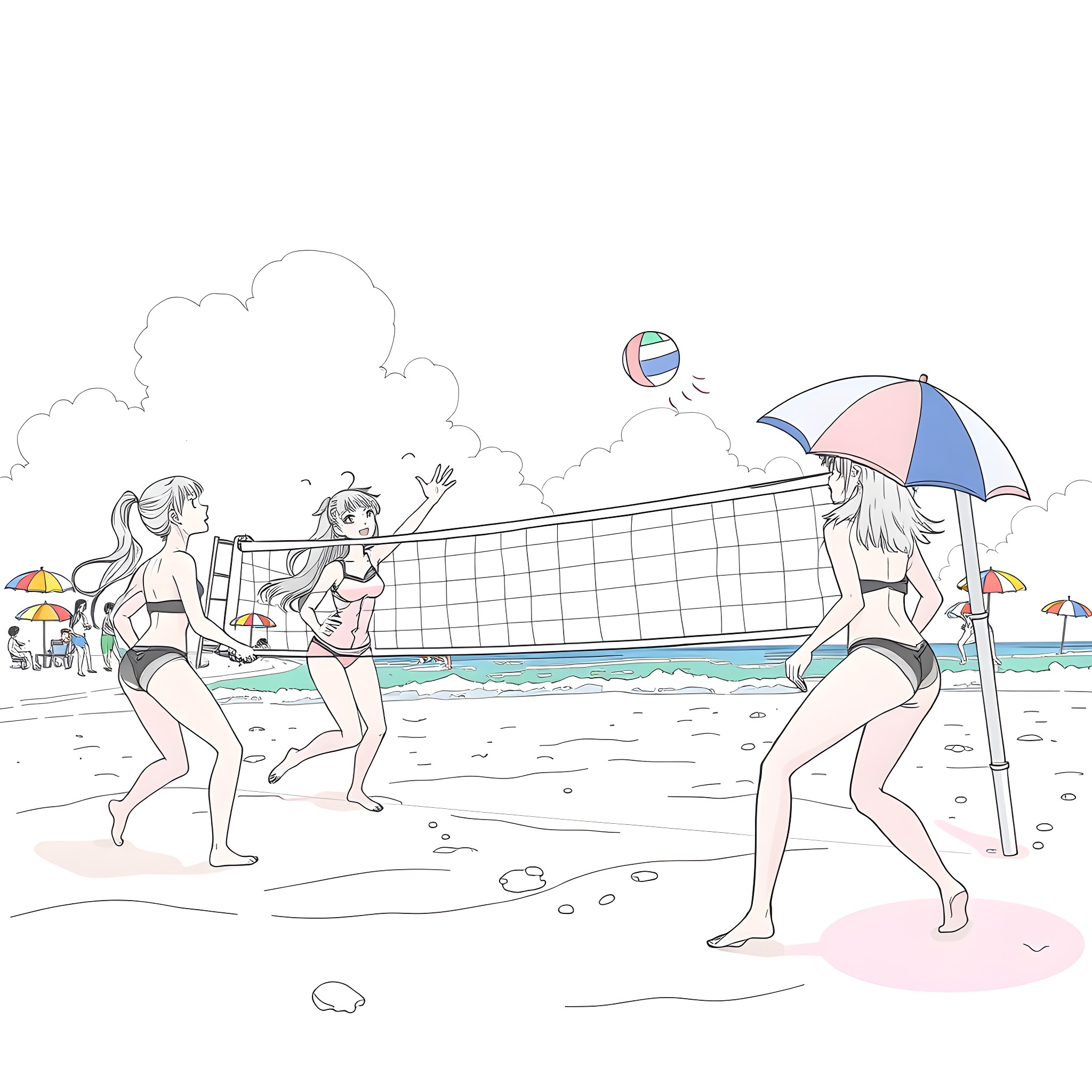 Anime Girls Playing Beach Volleyball on a Rainy Day Coloring Page (free black-and-white line drawing printable PDF for all, from beginners to advanced learners, including children, teens, adults, and seniors)