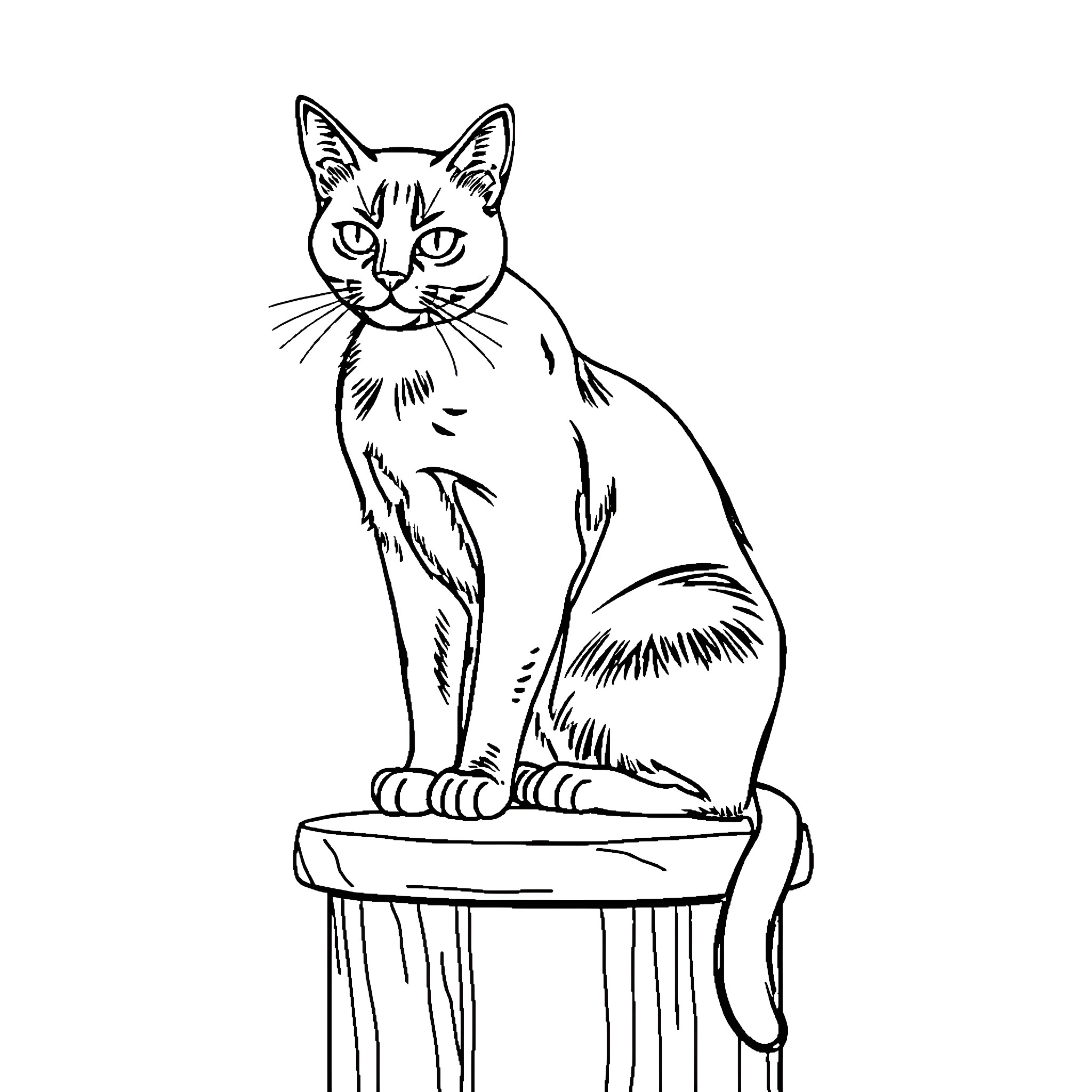 Cat sitting attentively on a stool Coloring Page (free black-and-white line drawing printable PDF for all, from beginners to advanced learners, including children, teens, adults, and seniors)