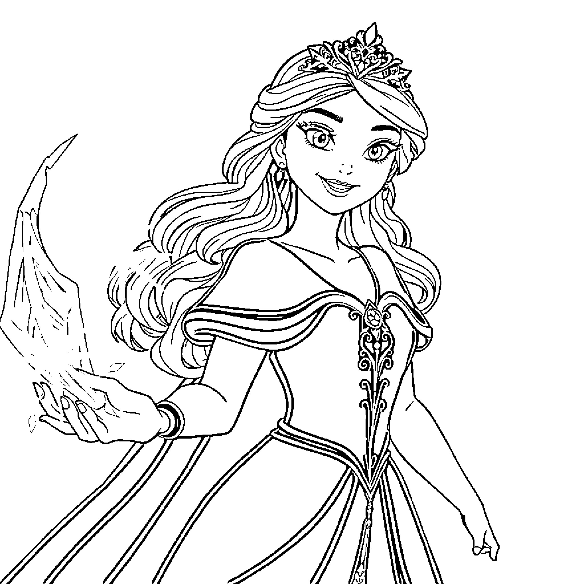 Snow Queen in Elegant Winter Gown and Crown Coloring Page (free black-and-white line drawing printable PDF for all, from beginners to advanced learners, including children, teens, adults, and seniors)
