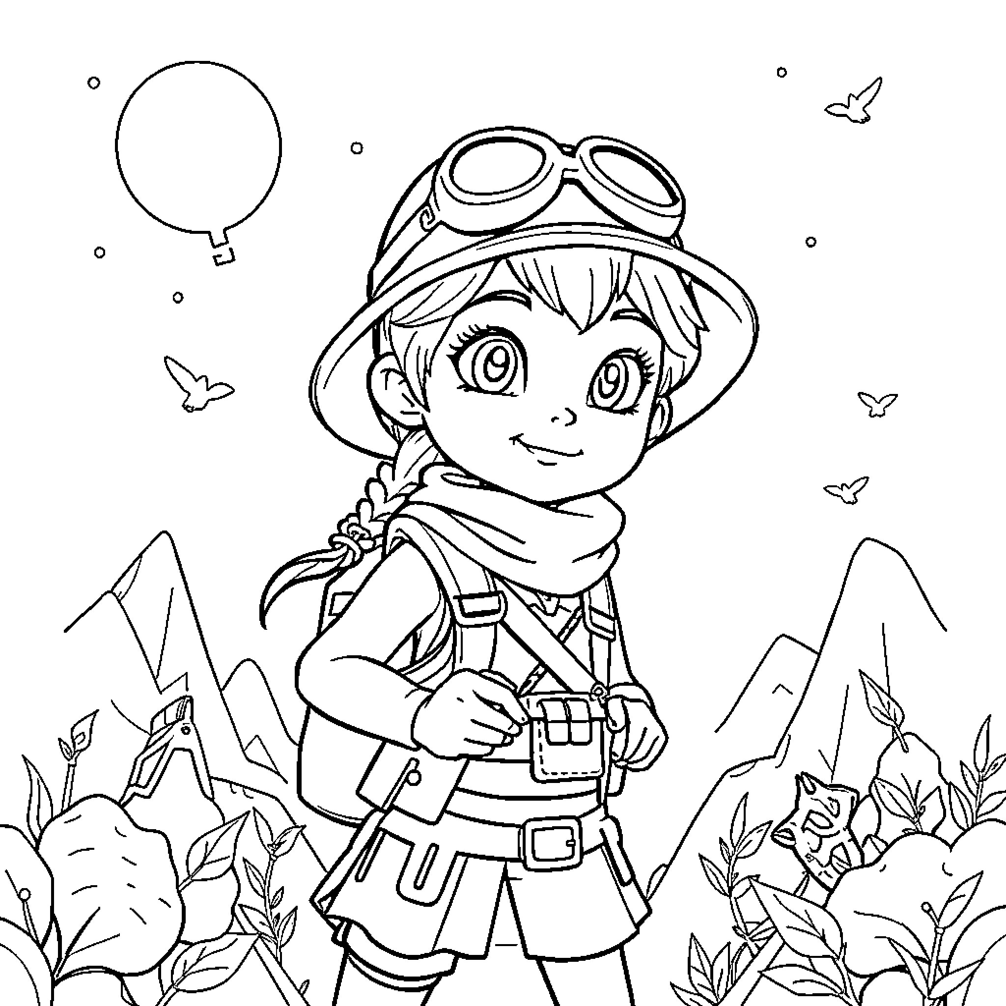 Zoë's Adventure in the Wilderness Coloring Page (free black-and-white line drawing printable PDF for all, from beginners to advanced learners, including children, teens, adults, and seniors)