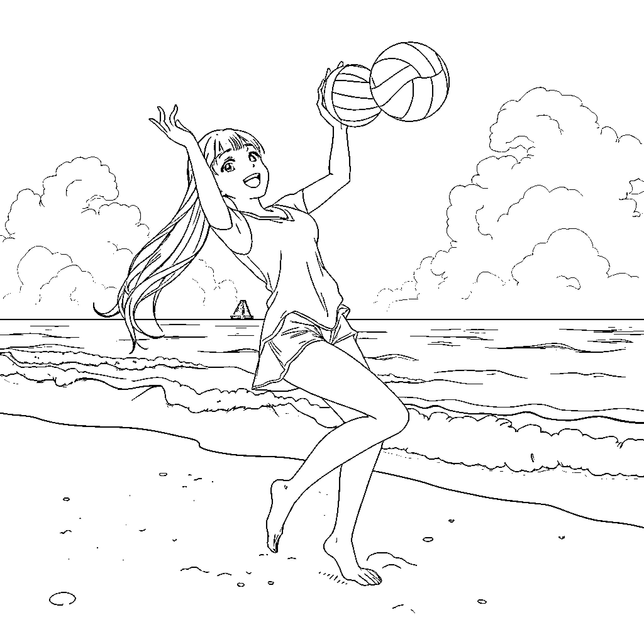 Anime Girl Playing with Volleyball on the Beach Coloring Page (free black-and-white line drawing printable PDF for all, from beginners to advanced learners, including children, teens, adults, and seniors)