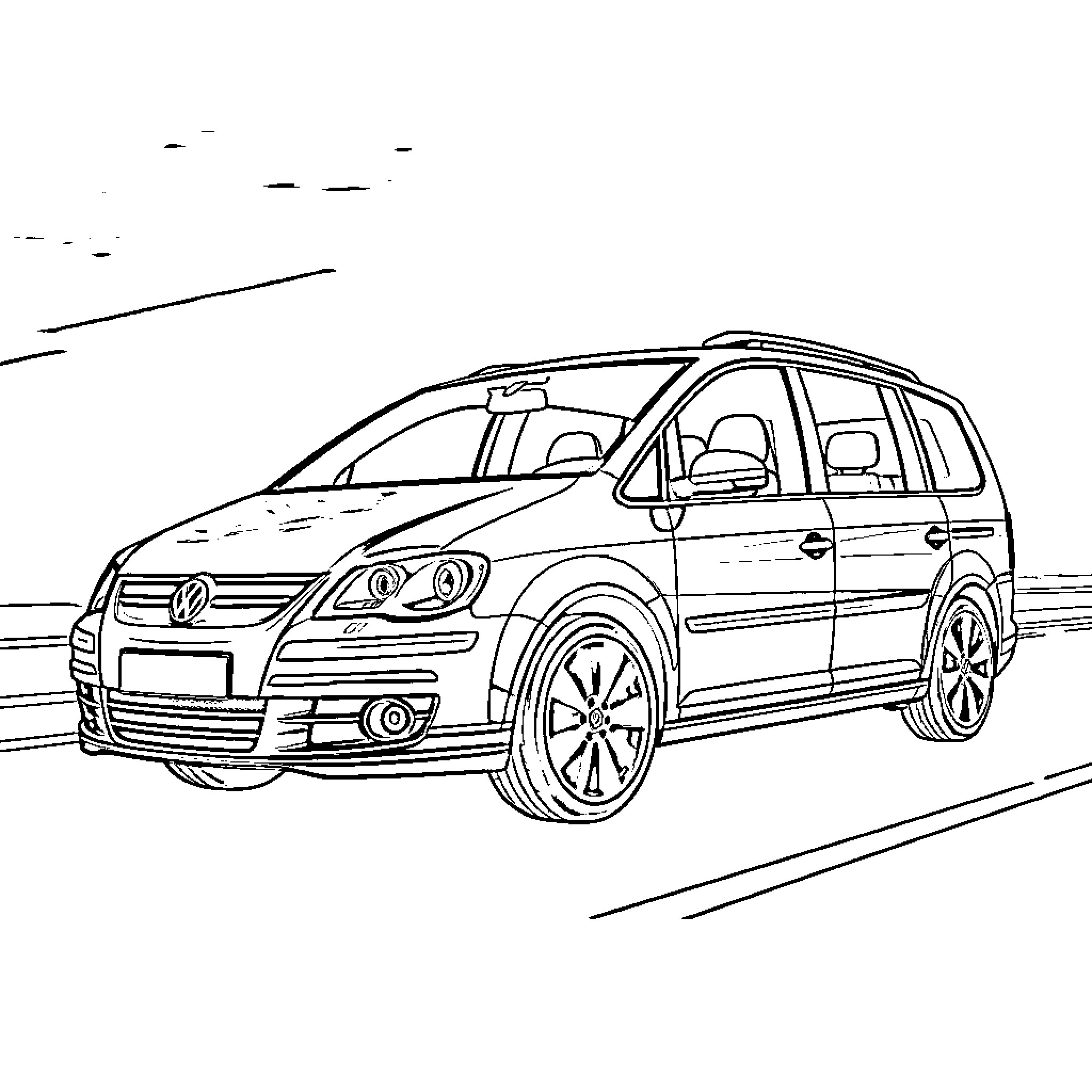 Volkswagen Touran driving on the road Coloring Page (free black-and-white line drawing printable PDF for all, from beginners to advanced learners, including children, teens, adults, and seniors)