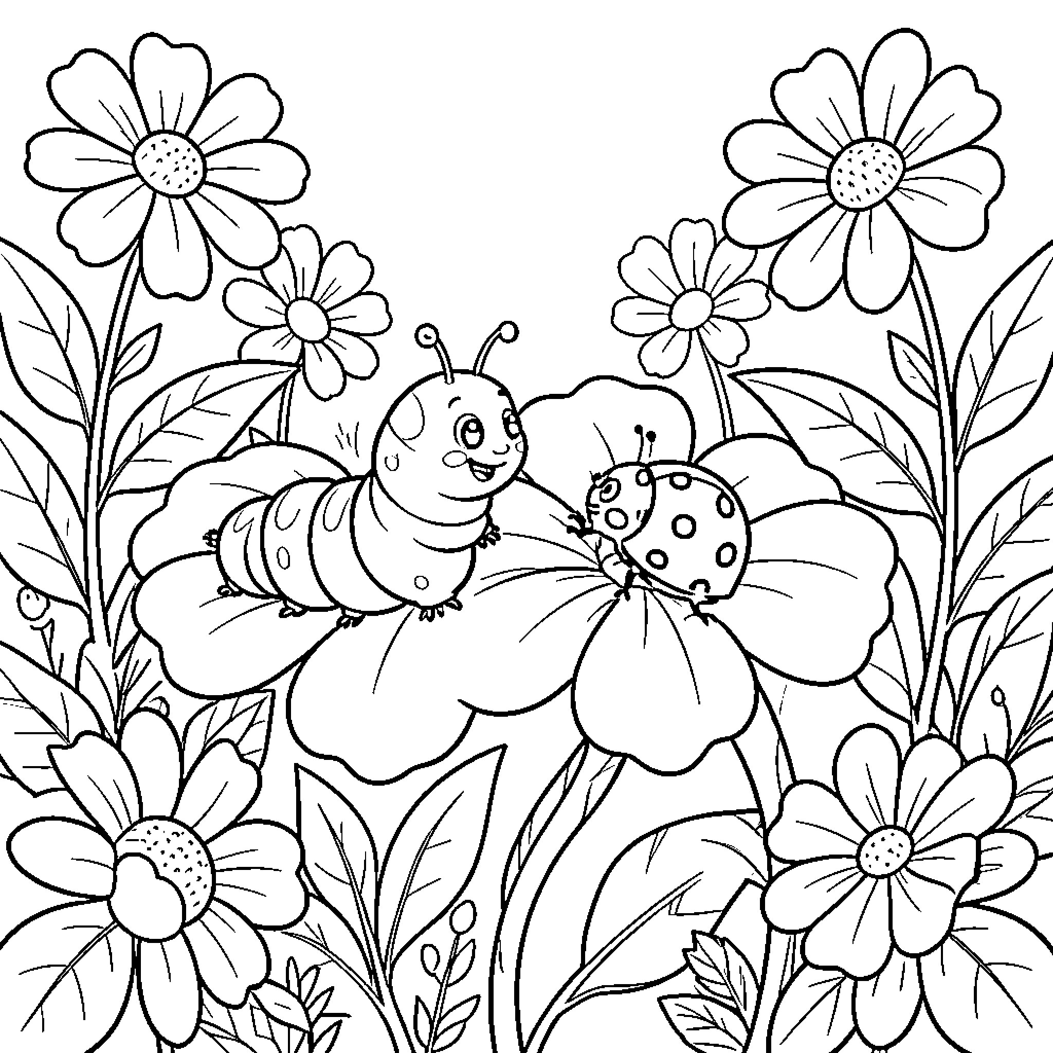 Caterpillar smiling while interacting with a ladybug on a flower Coloring Page (free black-and-white line drawing printable PDF for all, from beginners to advanced learners, including children, teens, adults, and seniors)