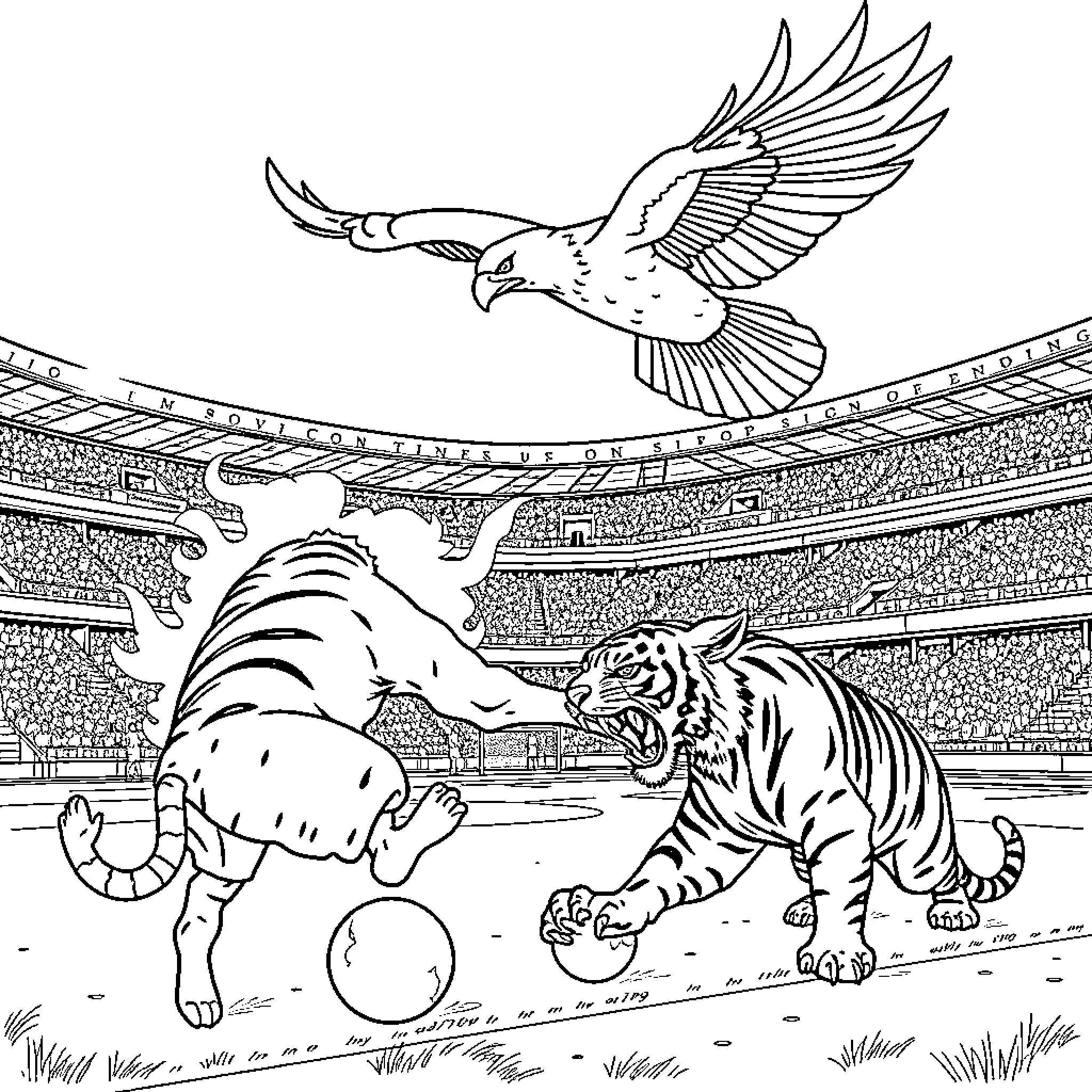 Eagle soaring above fierce tiger in sports arena Coloring Page (free black-and-white line drawing printable PDF for all, from beginners to advanced learners, including children, teens, adults, and seniors)