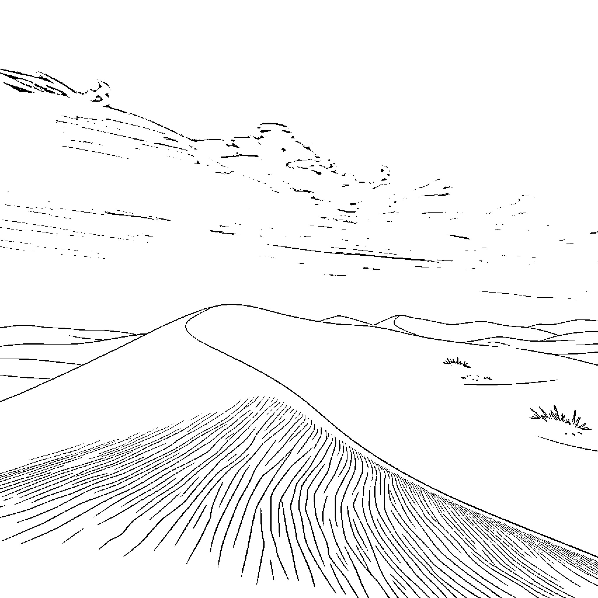 Dune landscape with rolling hills and cloudy sky Coloring Page (free black-and-white line drawing printable PDF for all, from beginners to advanced learners, including children, teens, adults, and seniors)