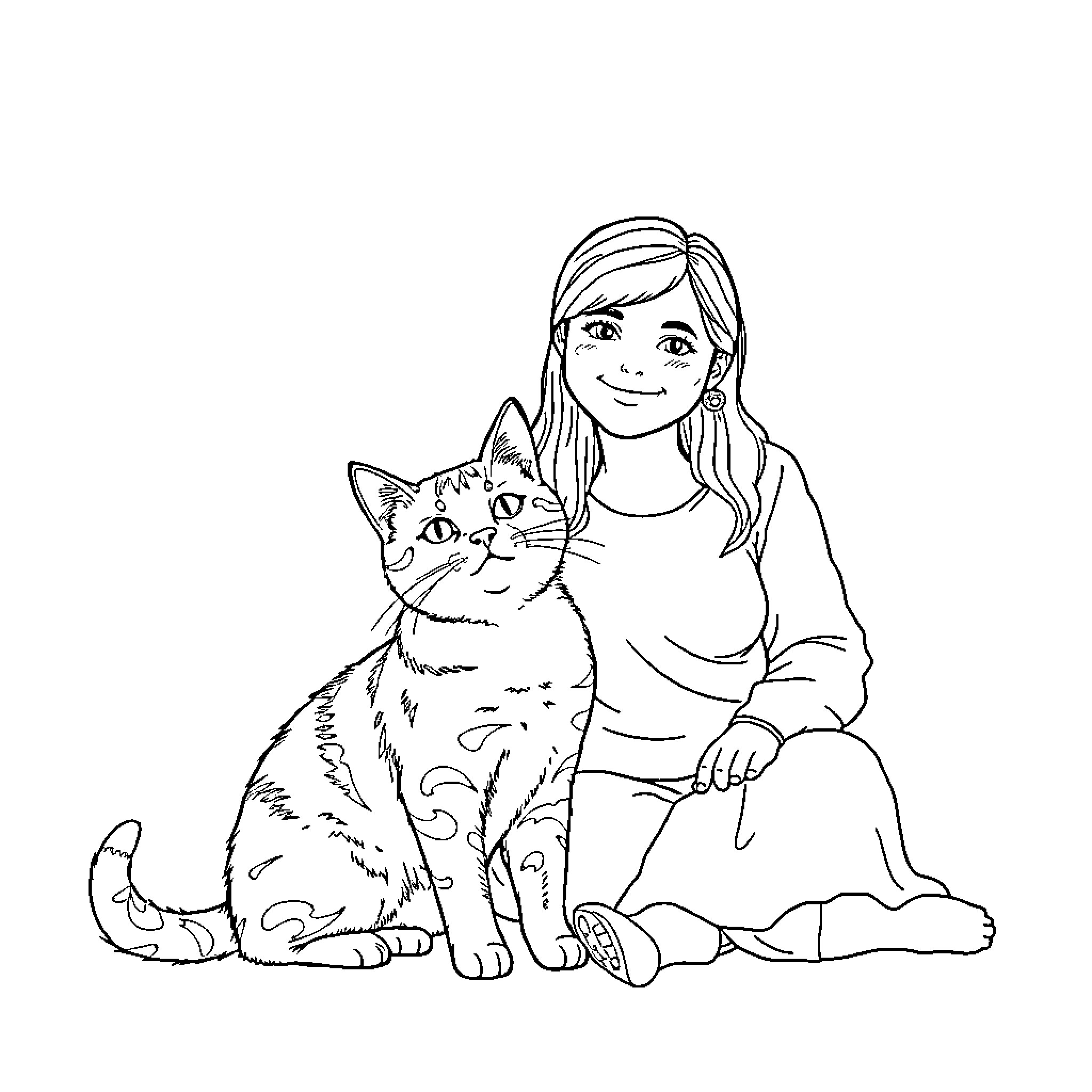 Cat and girl enjoying each other's company Coloring Page (free black-and-white line drawing printable PDF for all, from beginners to advanced learners, including children, teens, adults, and seniors)