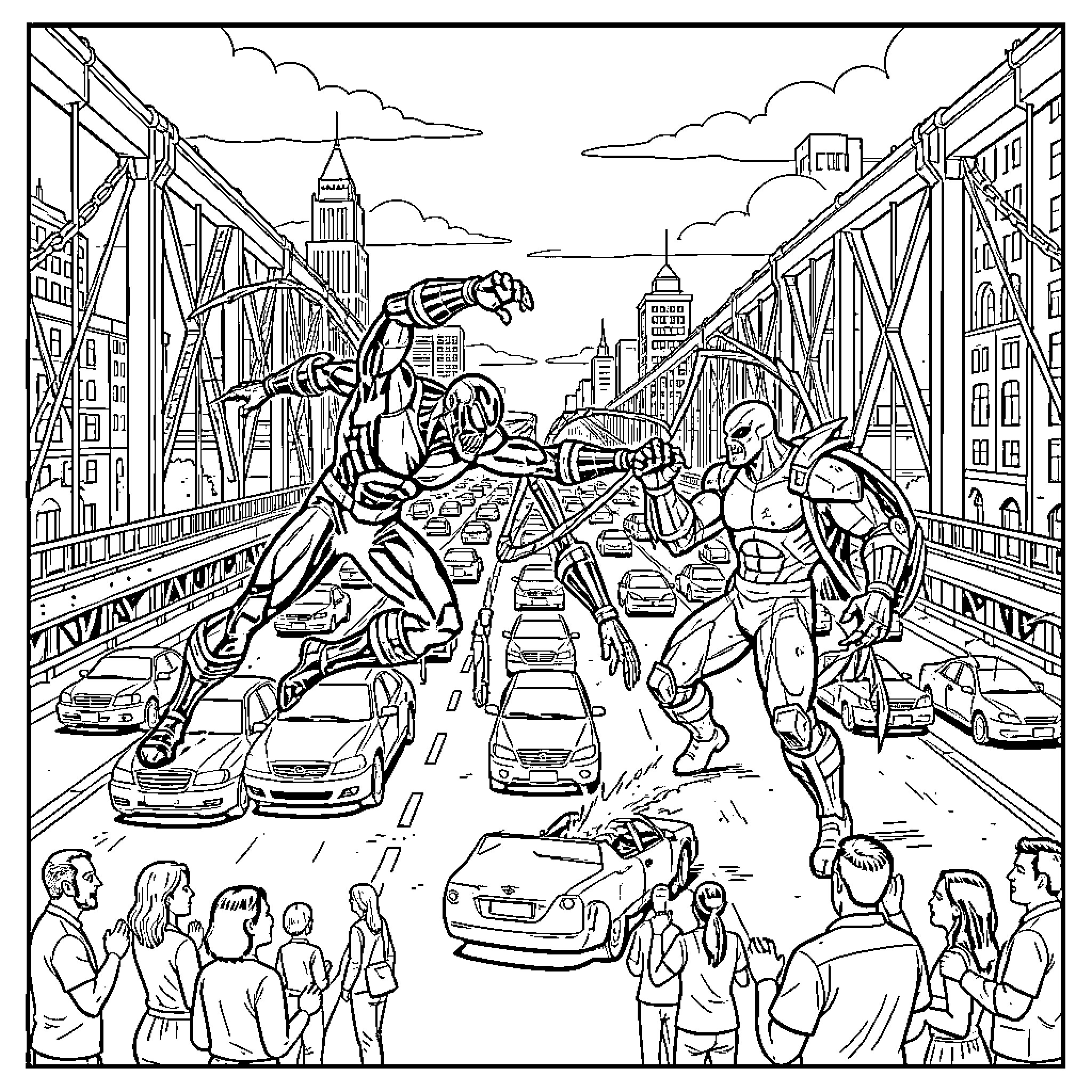 Iron Spider fighting a villain on a bridge Coloring Page (free black-and-white line drawing printable PDF for all, from beginners to advanced learners, including children, teens, adults, and seniors)