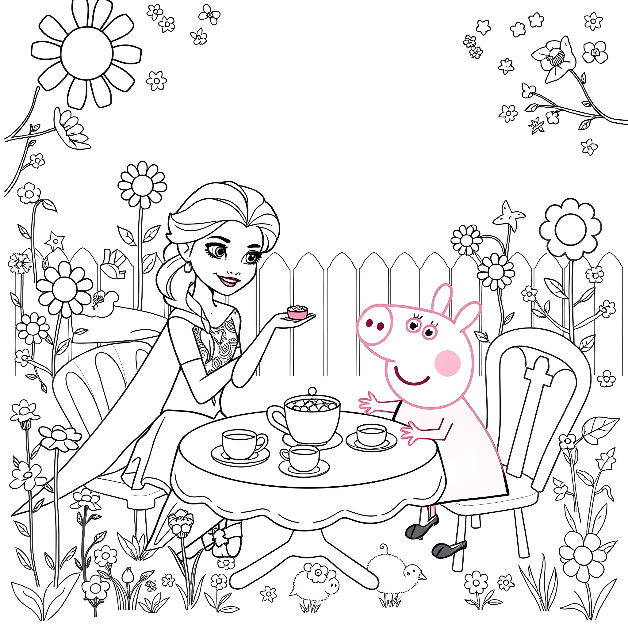 Elsa's Springtime Tea Party with Peppa Pig Coloring Page (free black-and-white line drawing printable PDF for all, from beginners to advanced learners, including children, teens, adults, and seniors)