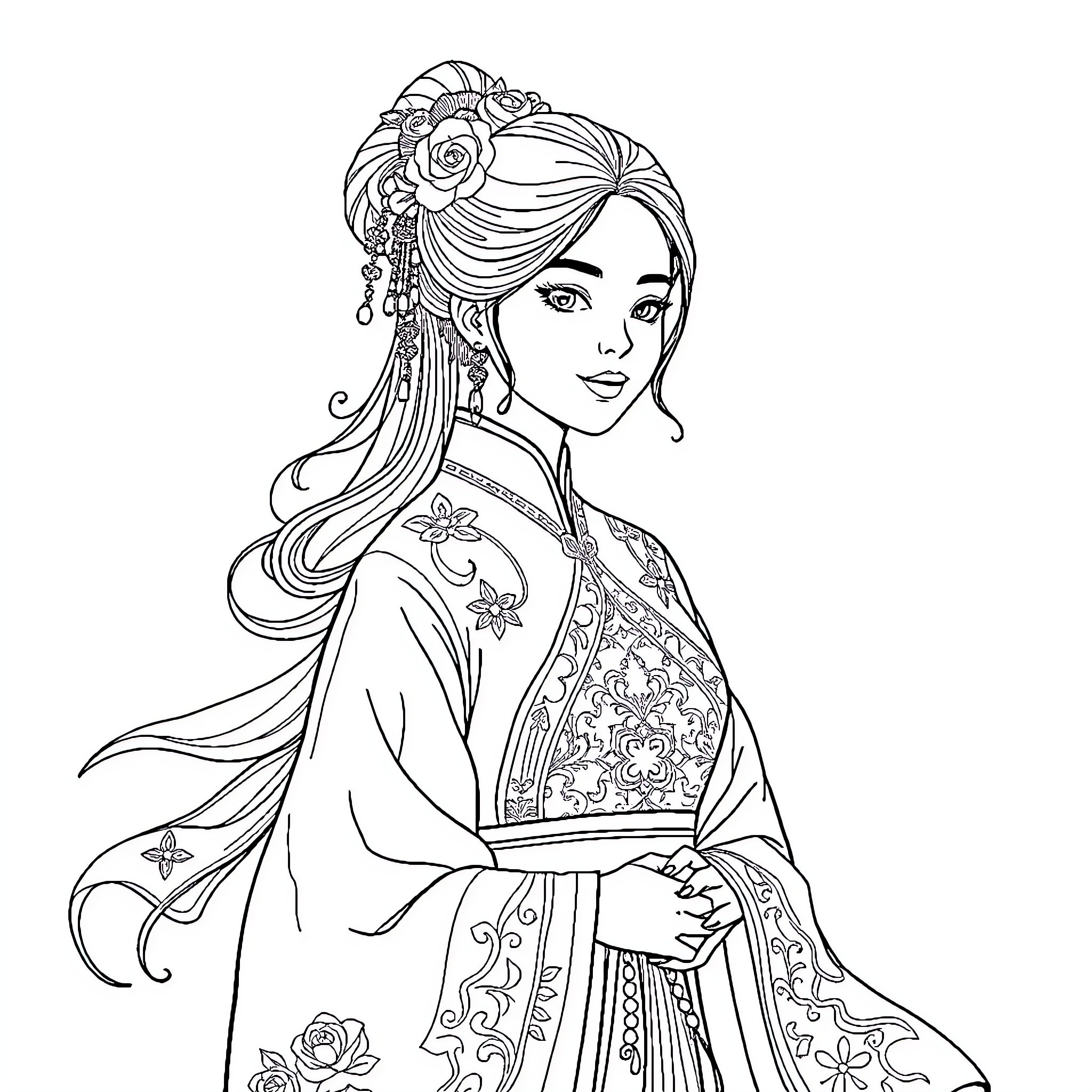 Woman in Ornate Traditional Attire Coloring Page (free black-and-white line drawing printable PDF for all, from beginners to advanced learners, including children, teens, adults, and seniors)
