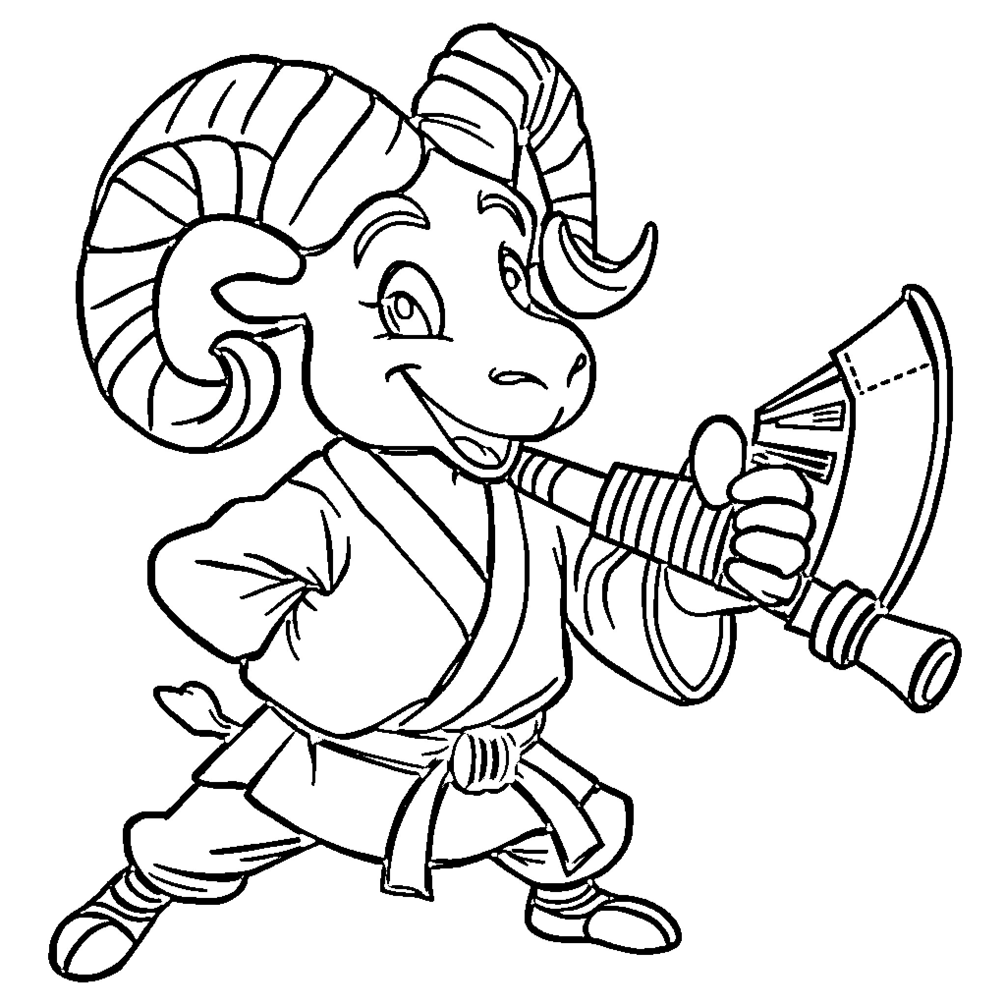 Ram playing with musical instrument happily Coloring Page (free black-and-white line drawing printable PDF for all, from beginners to advanced learners, including children, teens, adults, and seniors)