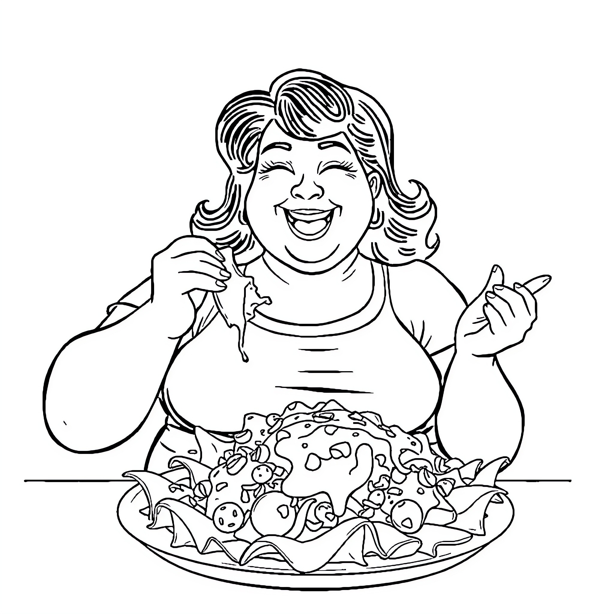 Woman Enjoying a Hearty Meal Coloring Page (free black-and-white line drawing printable PDF for all, from beginners to advanced learners, including children, teens, adults, and seniors)