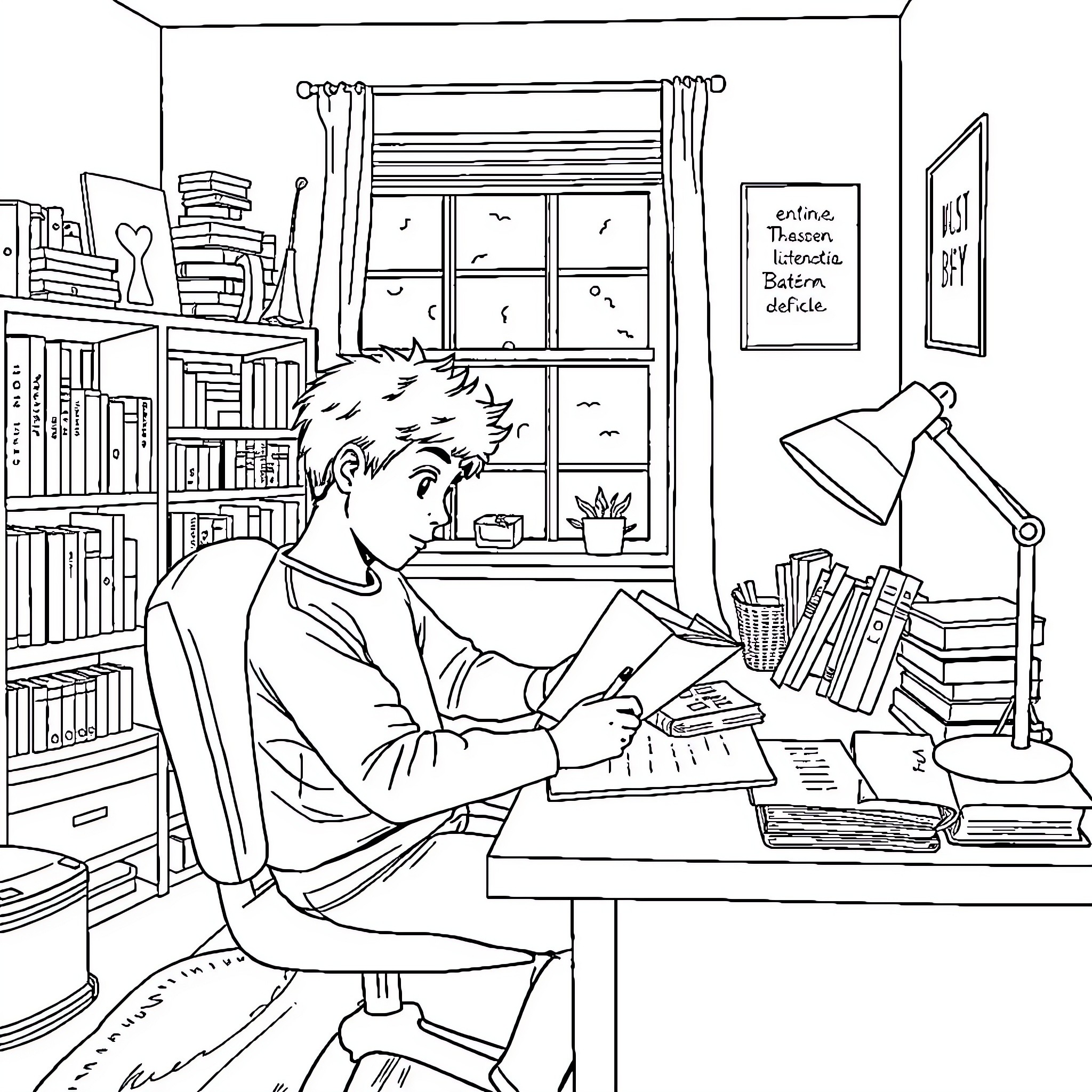 Mikey studying diligently in his cozy library Coloring Page (free black-and-white line drawing printable PDF for all, from beginners to advanced learners, including children, teens, adults, and seniors)