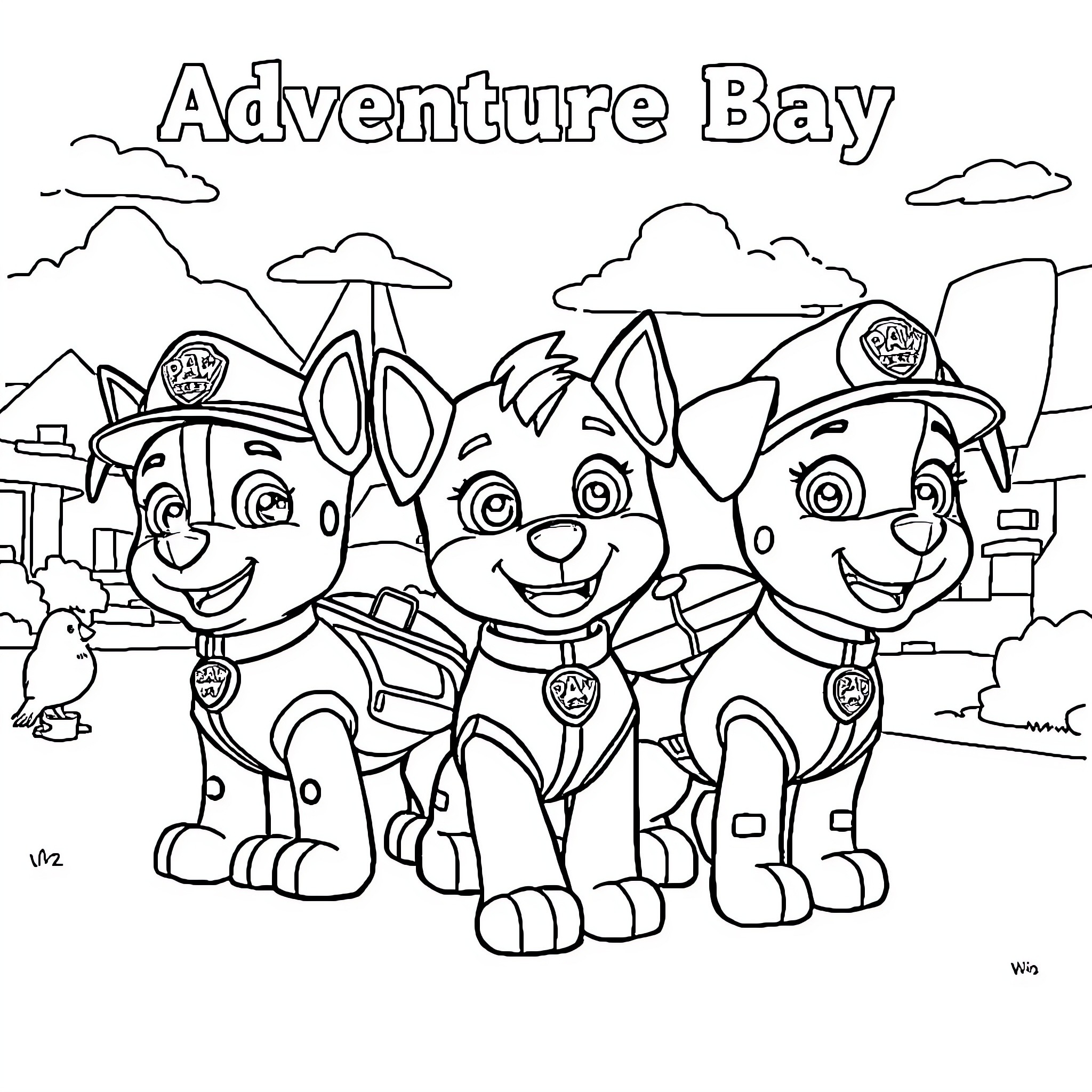 Paw Patrol adventures at Adventure Bay Coloring Page (free black-and-white line drawing printable PDF for all, from beginners to advanced learners, including children, teens, adults, and seniors)