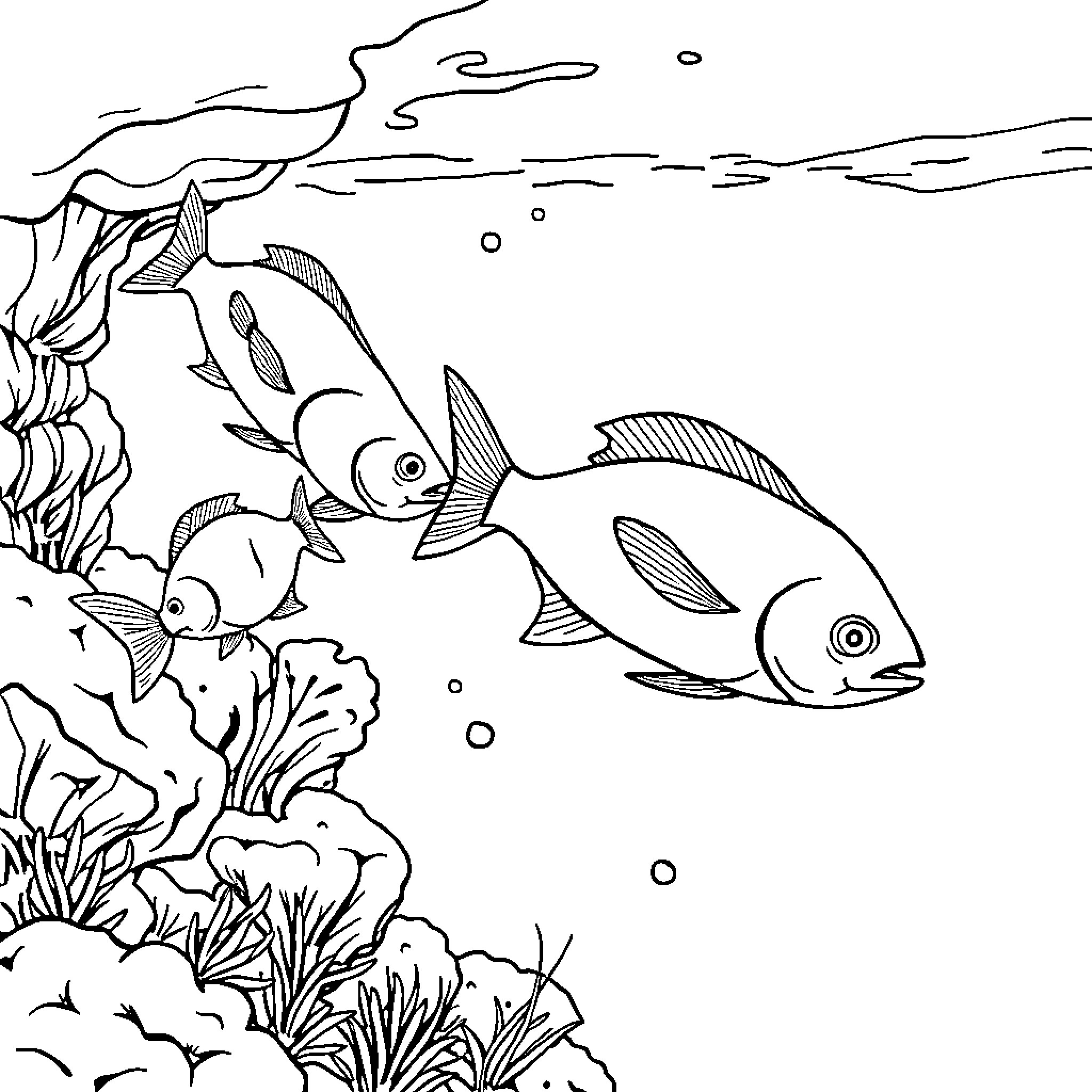 Fish swimming playfully in the underwater scene Coloring Page (free black-and-white line drawing printable PDF for all, from beginners to advanced learners, including children, teens, adults, and seniors)
