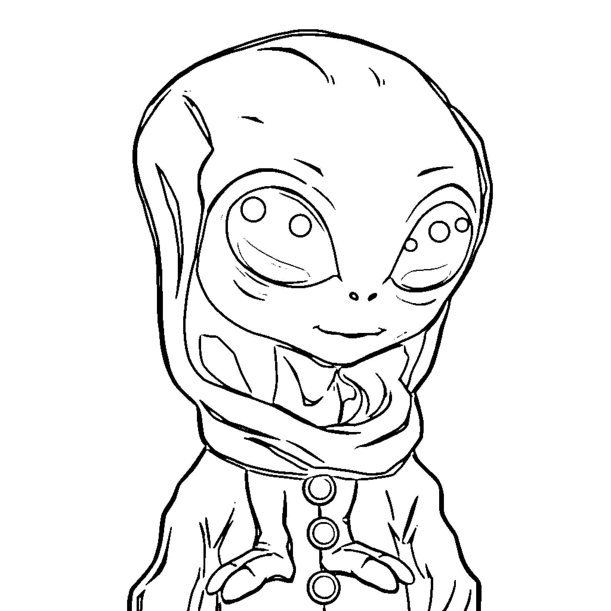 Alien creature with friendly expression Coloring Page (free black-and-white line drawing printable PDF for all, from beginners to advanced learners, including children, teens, adults, and seniors)