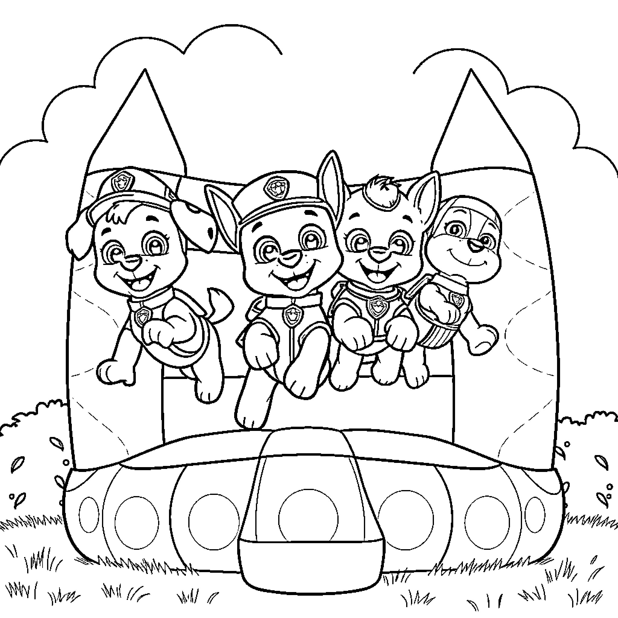 Paw Patrol team on the move in their vehicle Coloring Page (free black-and-white line drawing printable PDF for all, from beginners to advanced learners, including children, teens, adults, and seniors)