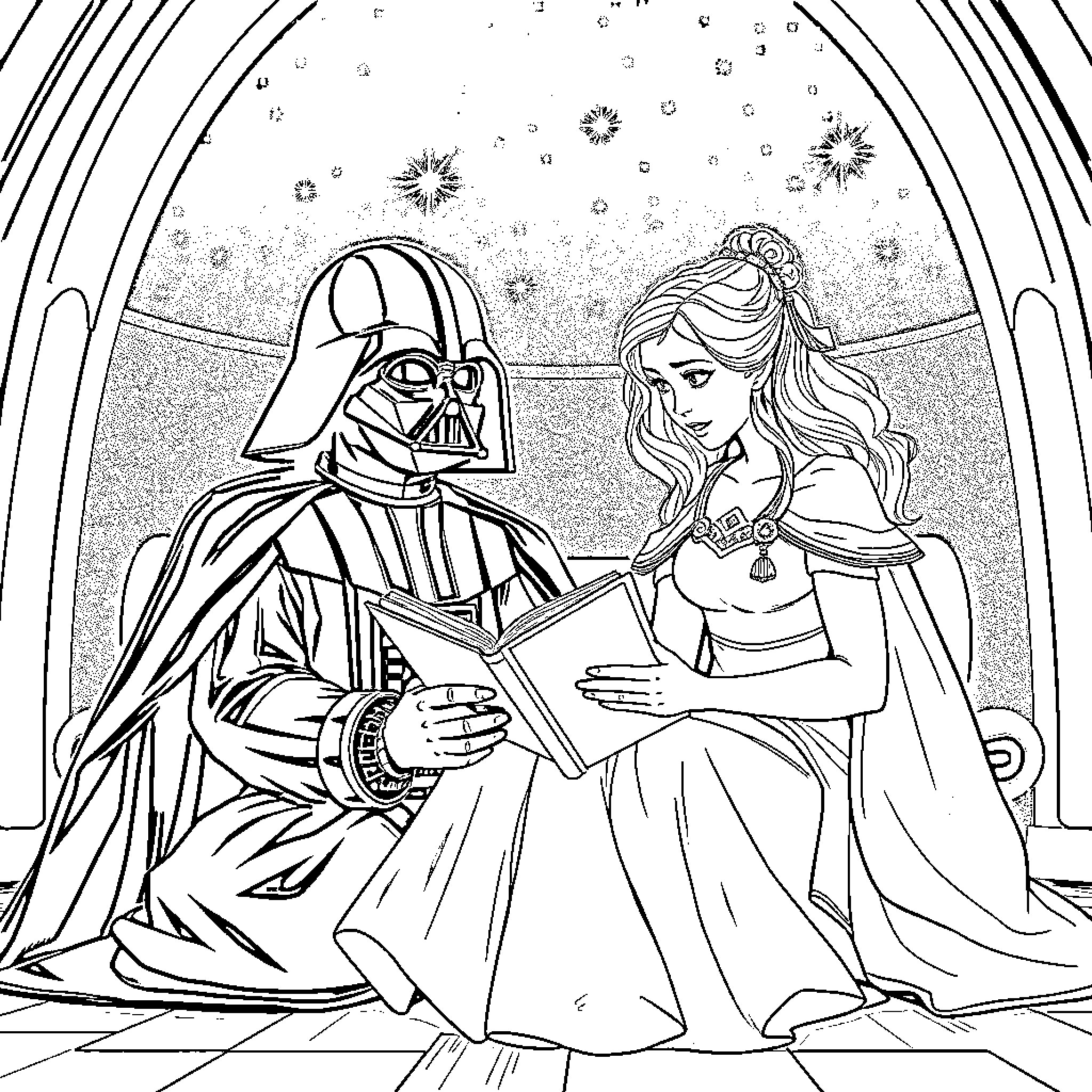 Princess and Darth Vader in Conversation Coloring Page (free black-and-white line drawing printable PDF for all, from beginners to advanced learners, including children, teens, adults, and seniors)